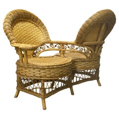 Vintage Ornate Rattan Tete a Tete Patio Gossip Chair