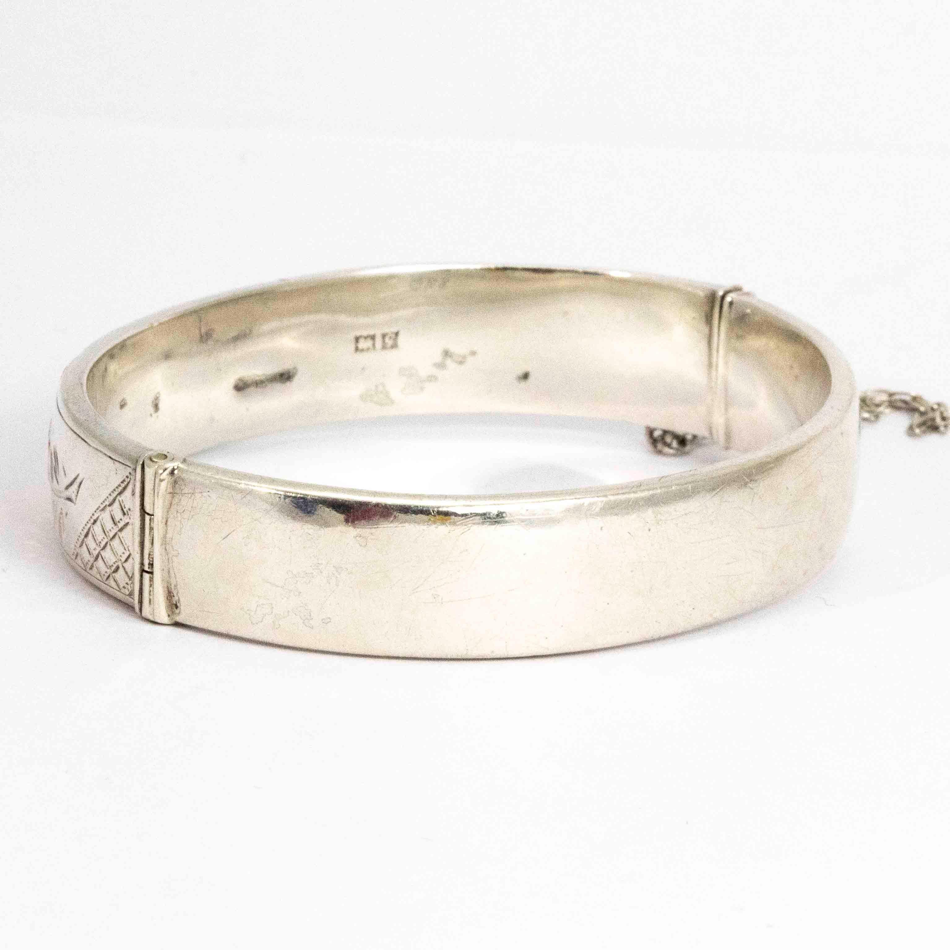Vintage Ornate Rose Gold Detailed Silver Bangle In Good Condition In Chipping Campden, GB