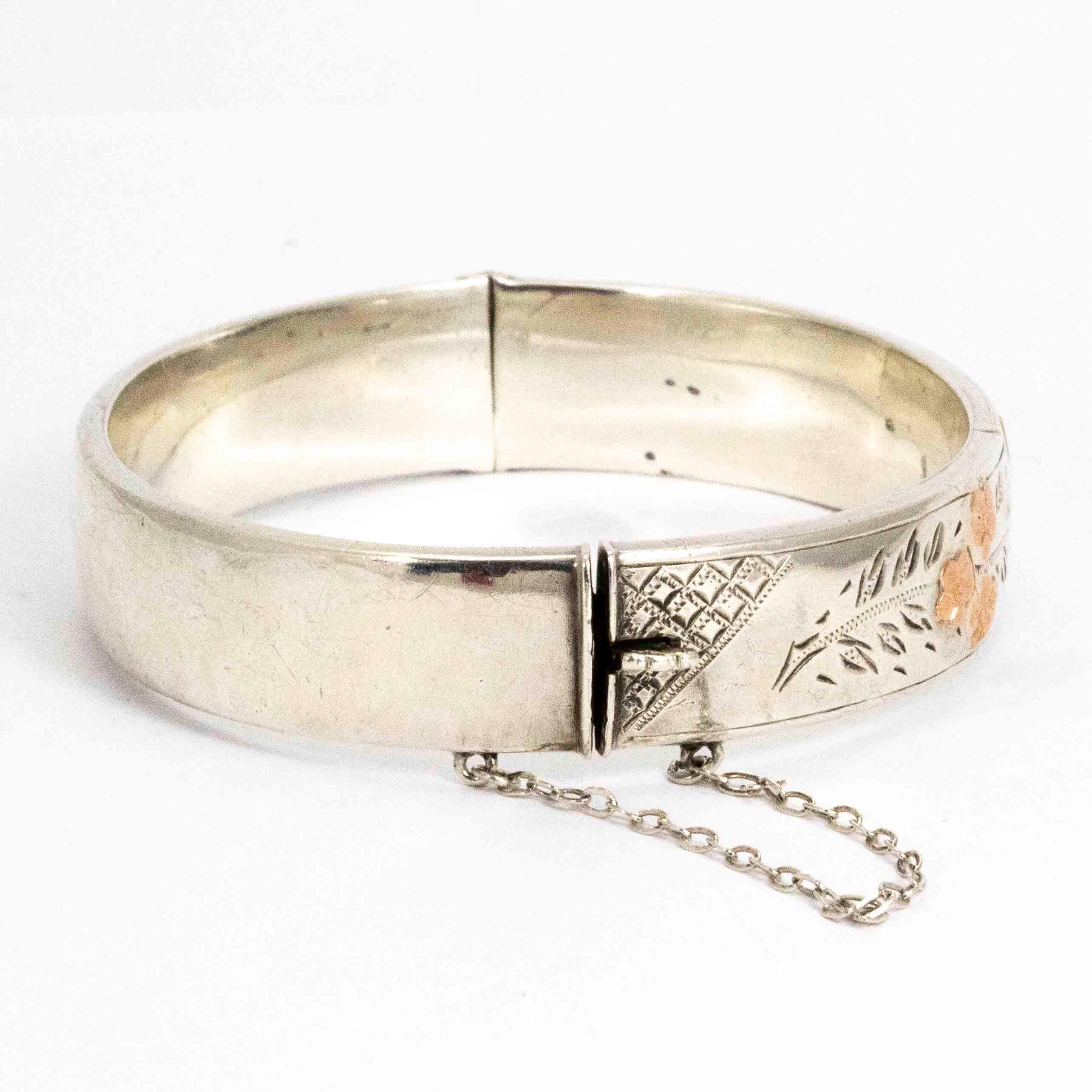 Vintage Ornate Rose Gold Detailed Silver Bangle 1