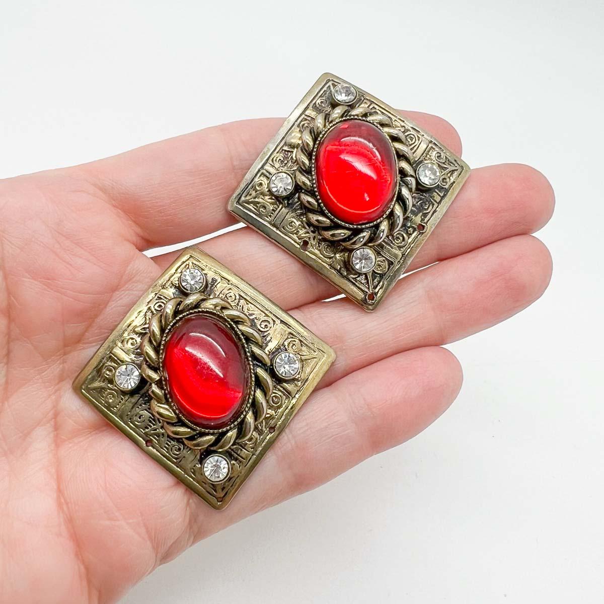Vintage Ornate Silver & Ruby Plaque Earrings 1980s In Good Condition For Sale In Wilmslow, GB