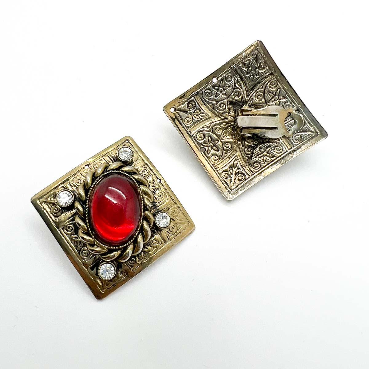 Vintage Ornate Silver & Ruby Plaque Earrings 1980s For Sale 1