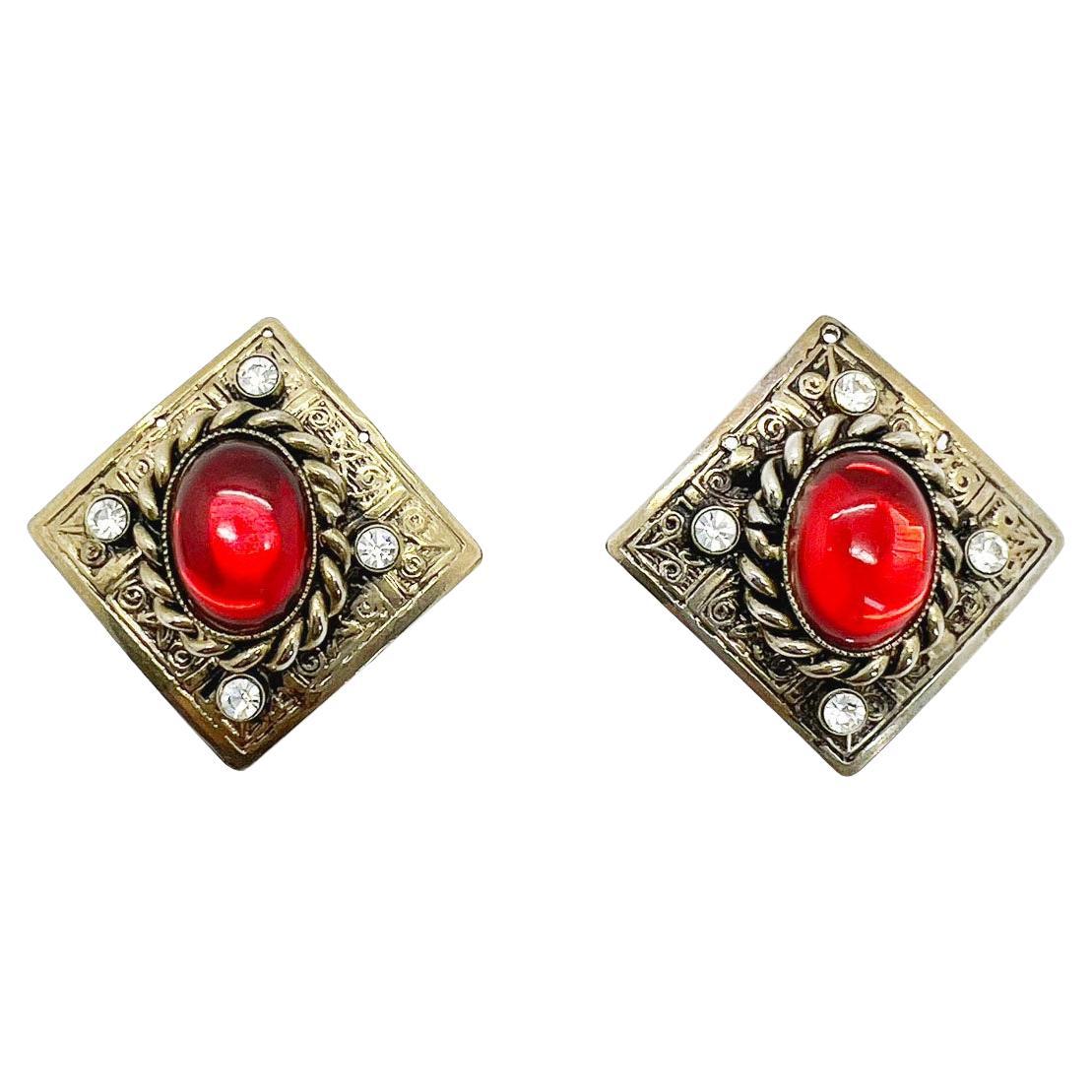 Vintage Ornate Silver & Ruby Plaque Earrings 1980s For Sale