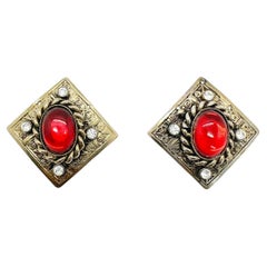 Vintage Ornate Silver & Ruby Plaque Earrings 1980s