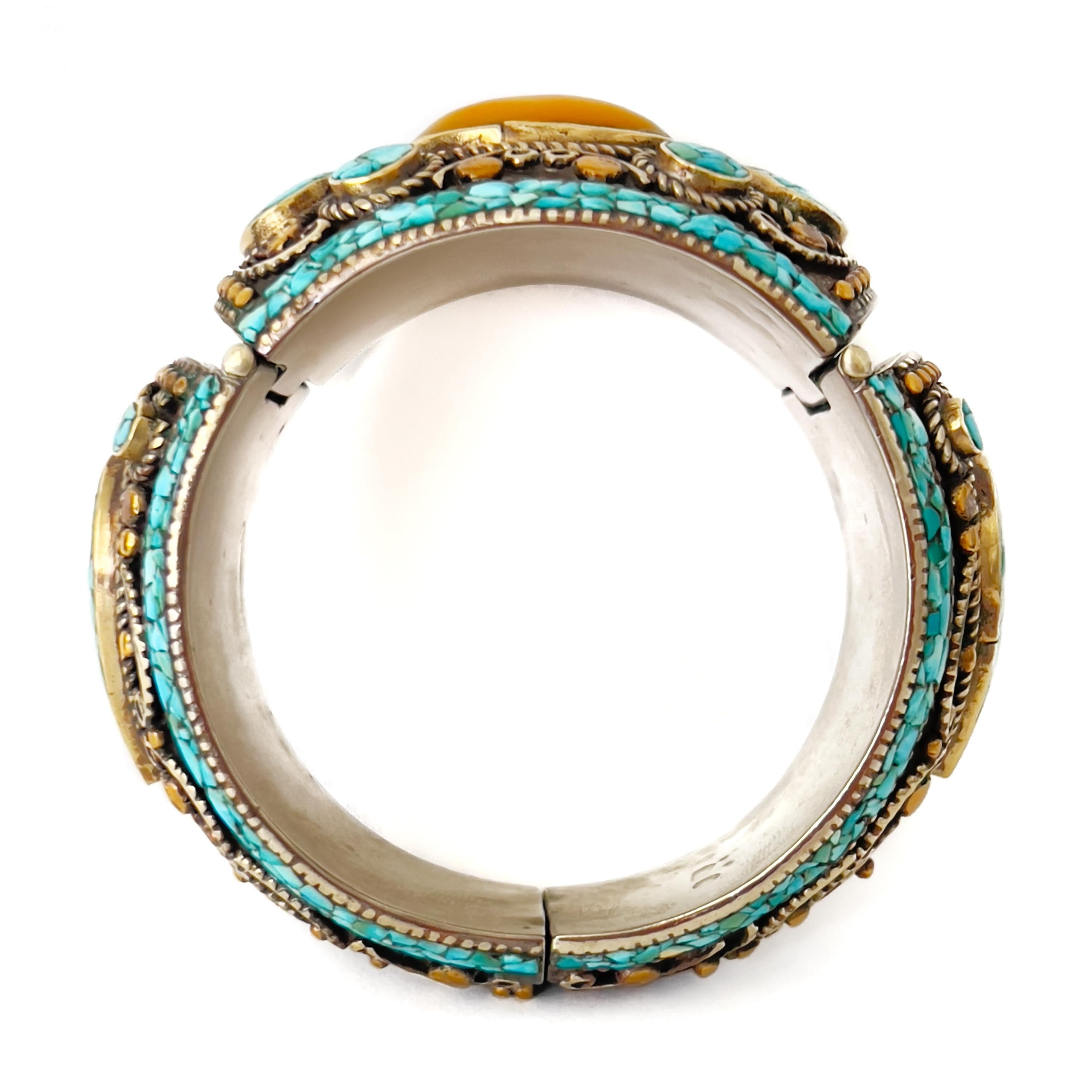 Artisan Vintage Ornate Silver Tibetan Turquoise and Ocher Stone Chunky Bracelet