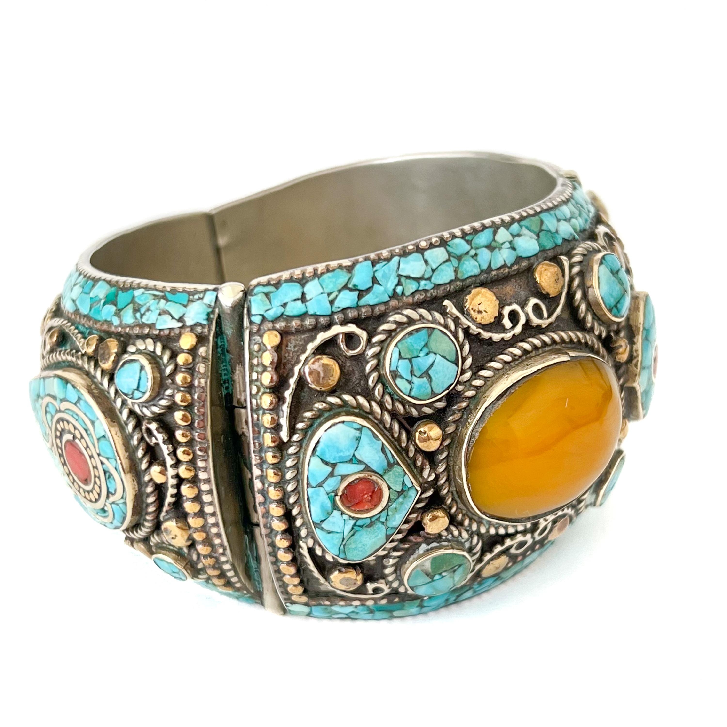 Mixed Cut Vintage Ornate Silver Tibetan Turquoise and Ocher Stone Chunky Bracelet