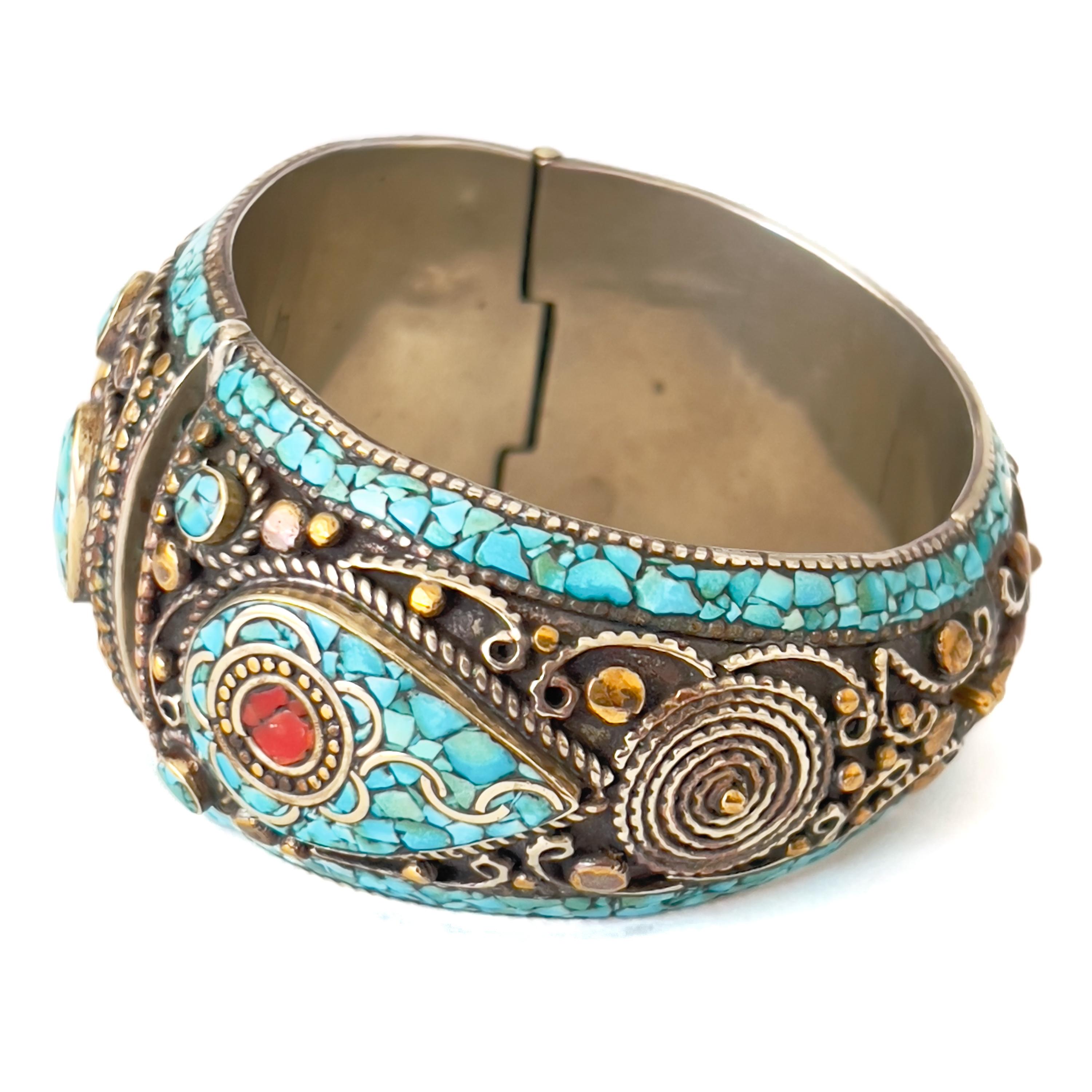 Women's or Men's Vintage Ornate Silver Tibetan Turquoise and Ocher Stone Chunky Bracelet