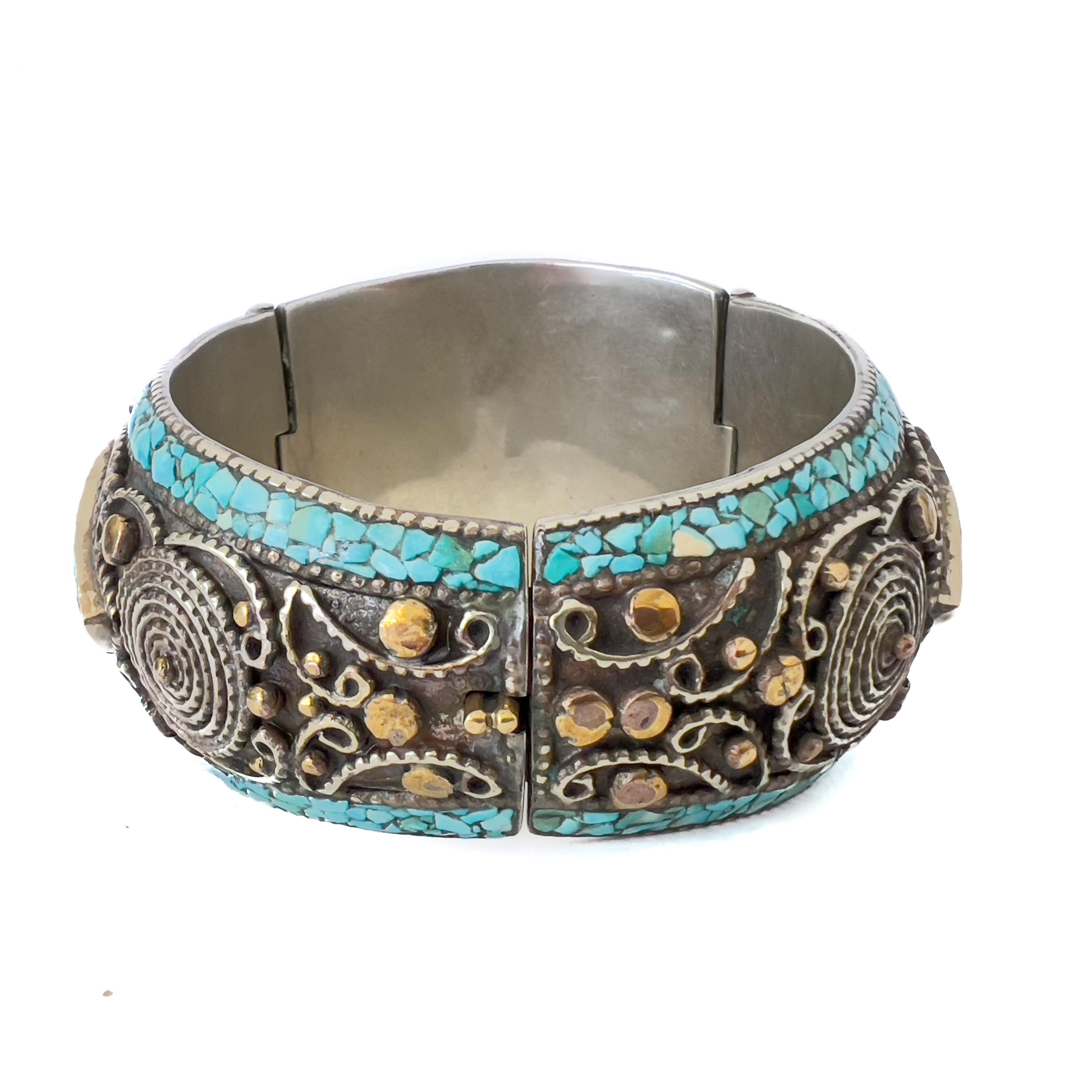 Vintage Ornate Silver Tibetan Turquoise and Ocher Stone Chunky Bracelet 1