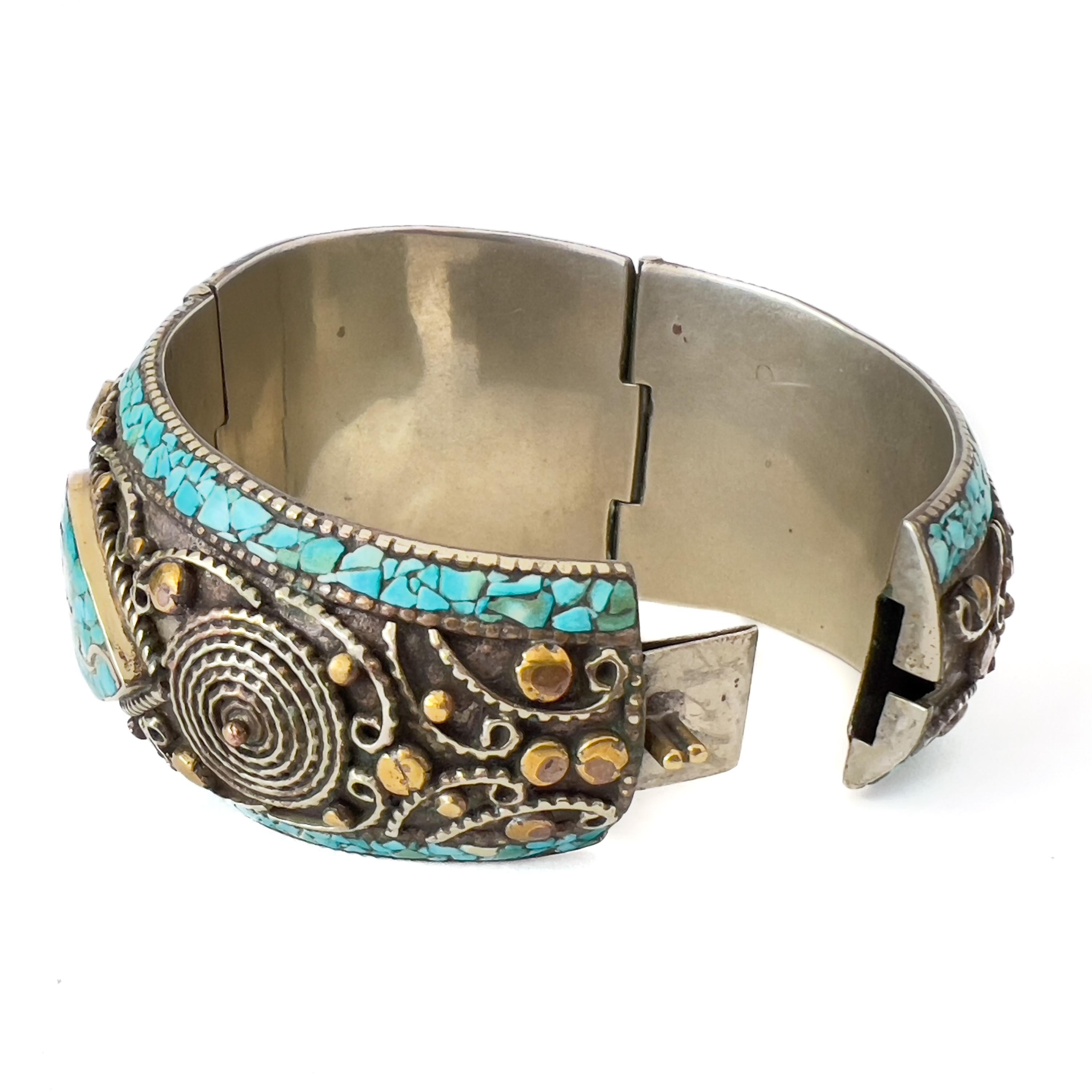 Vintage Ornate Silver Tibetan Turquoise and Ocher Stone Chunky Bracelet 2