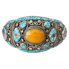 Vintage Ornate Silver Tibetan Turquoise and Ocher Stone Chunky Bracelet