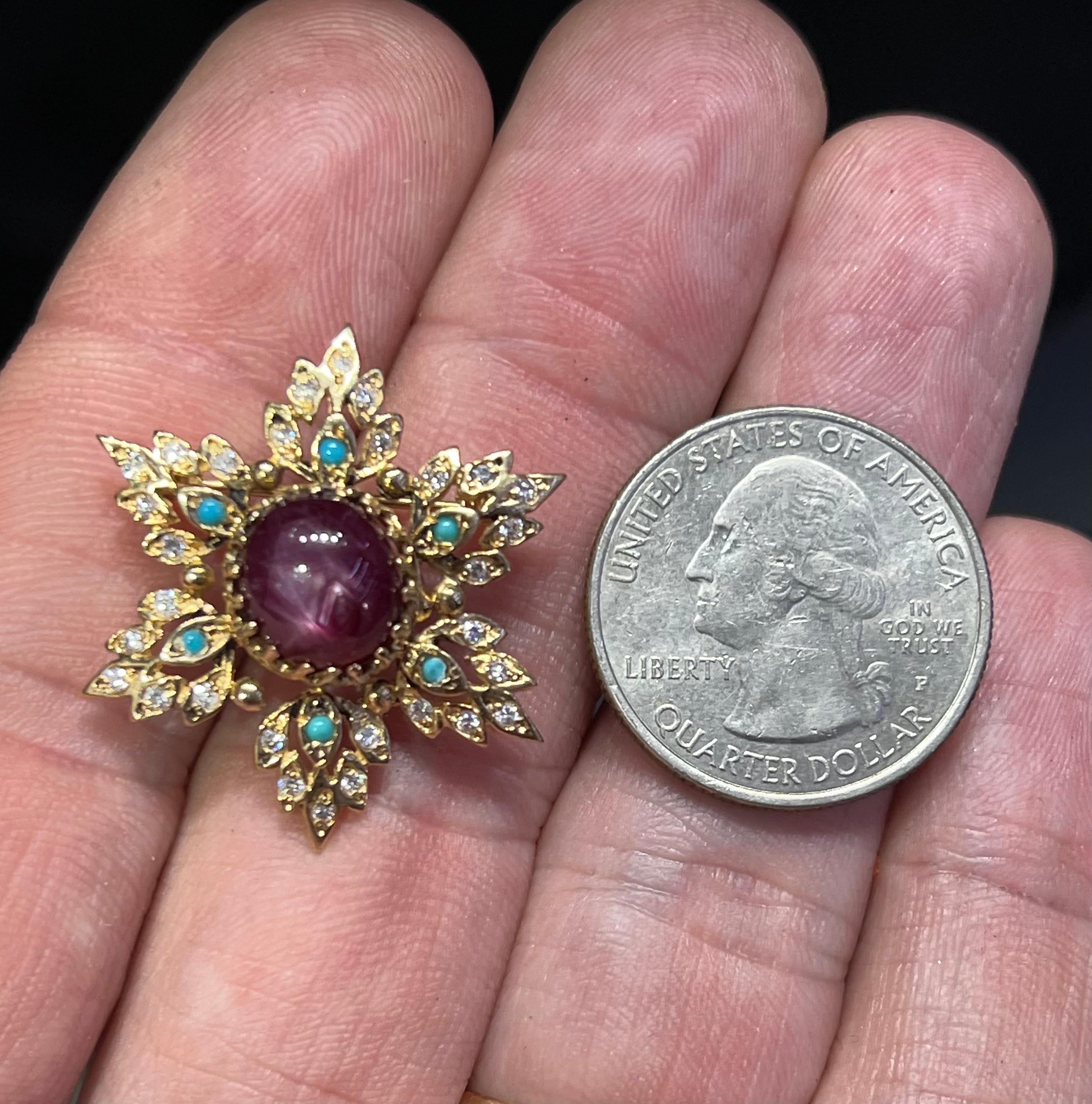 Vintage Ornate Snowflake Brooch Diamond Turquoise & Star Ruby Gemstones For Sale 3
