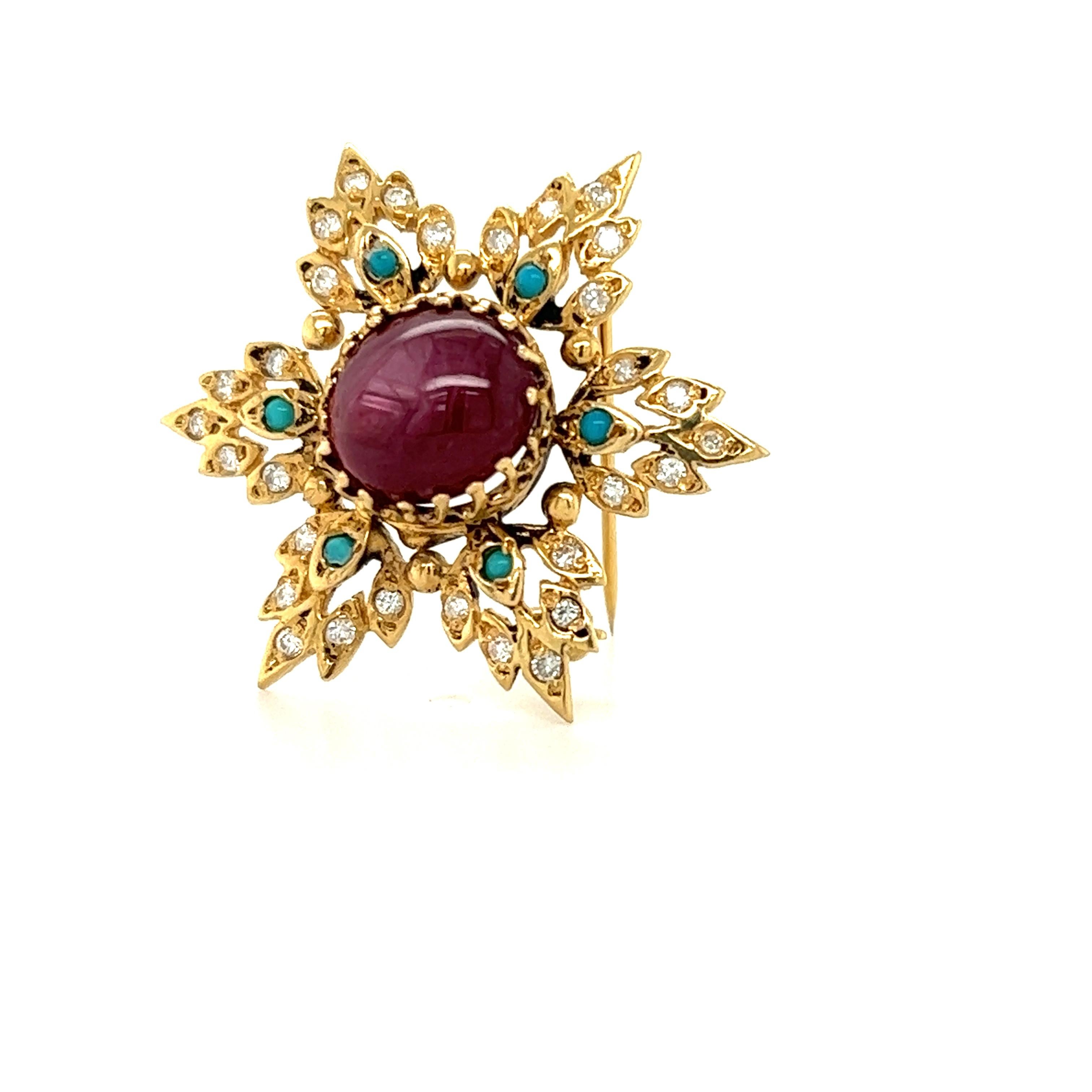 Women's or Men's Vintage Ornate Snowflake Brooch Diamond Turquoise & Star Ruby Gemstones For Sale