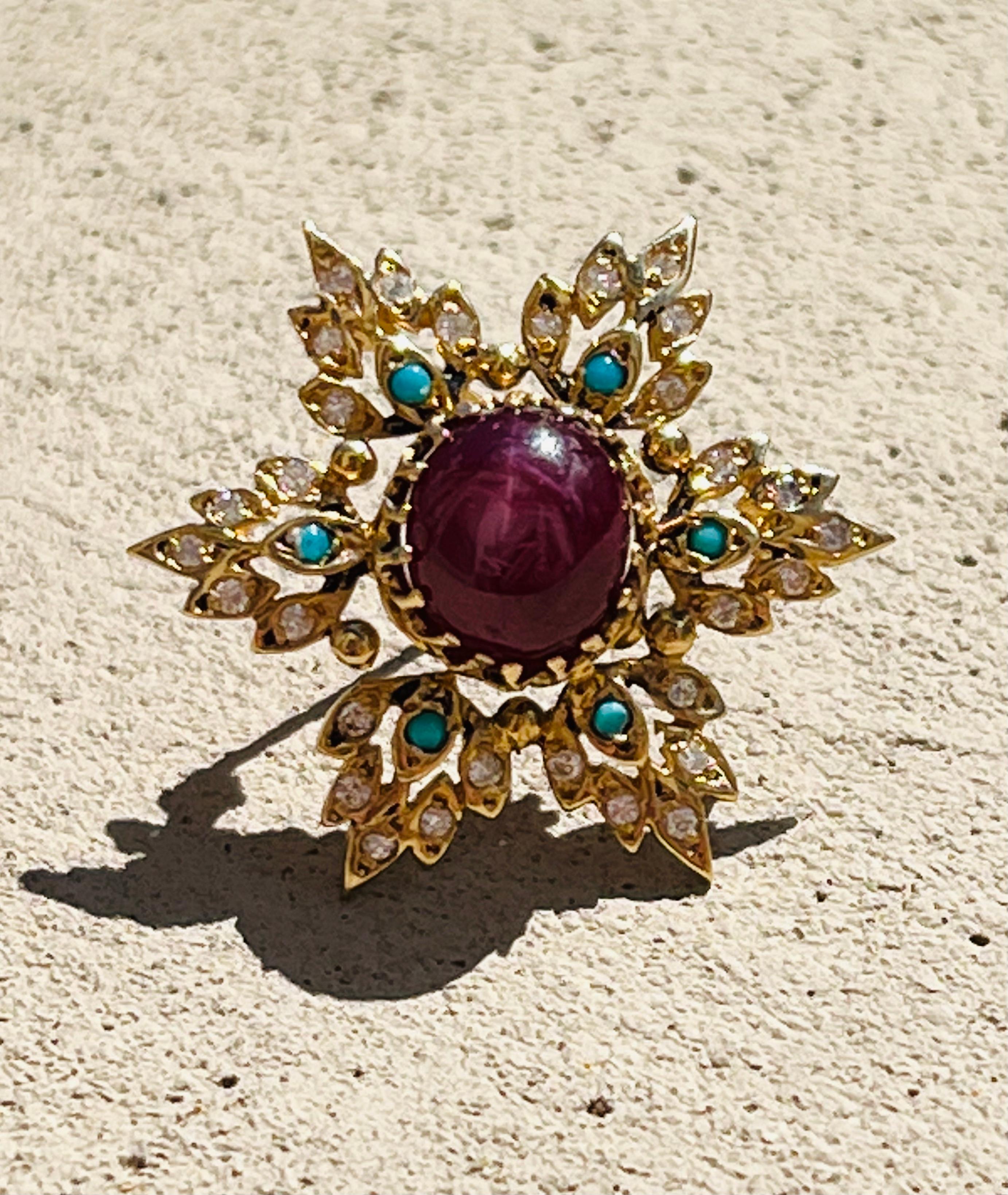 Vintage Ornate Snowflake Brooch Diamond Turquoise & Star Ruby Gemstones For Sale 2