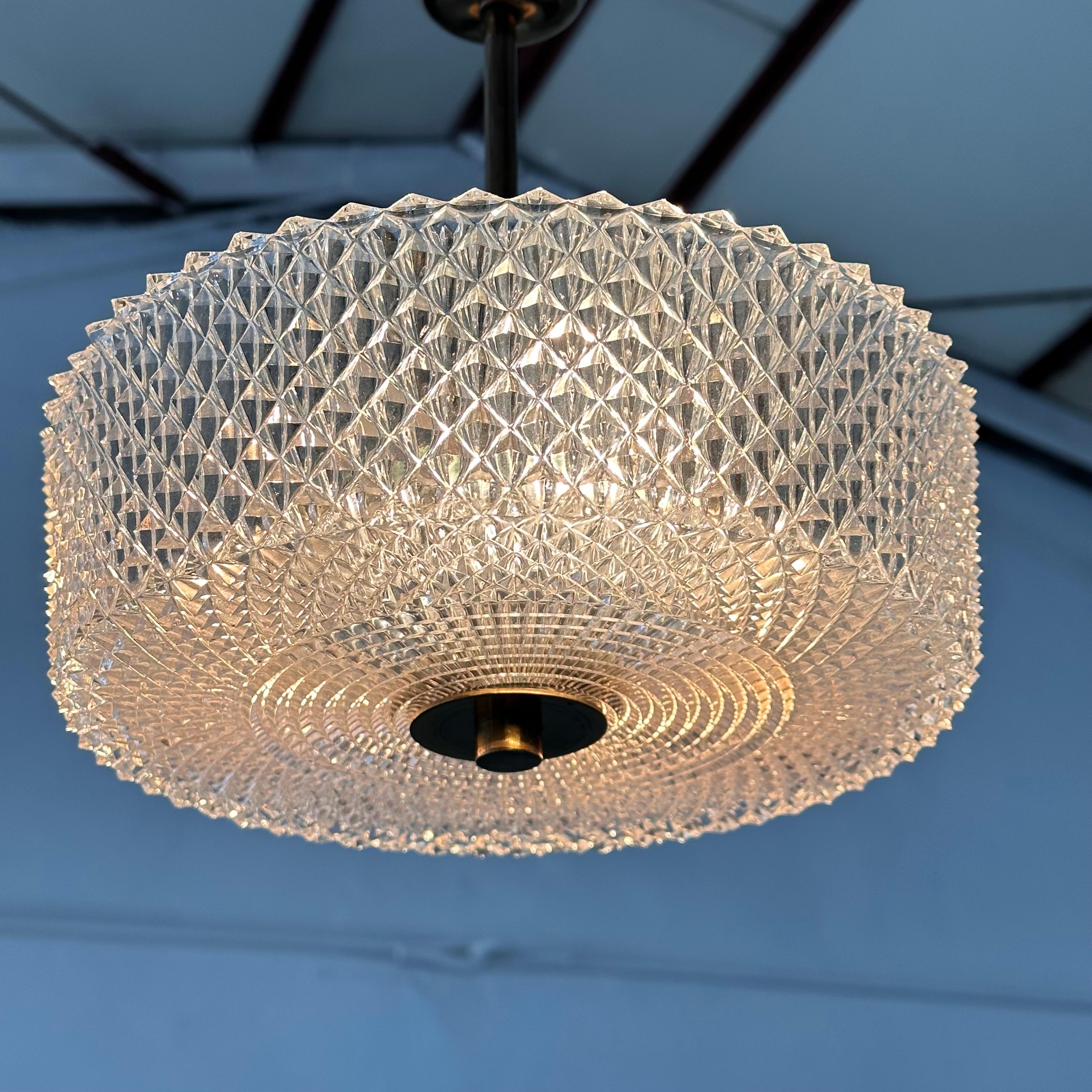 Mid-Century Modern Vintage Orrefors Brass and Crystal Ceiling Lamp by Carl Fagerlund, Sweden, 1960s