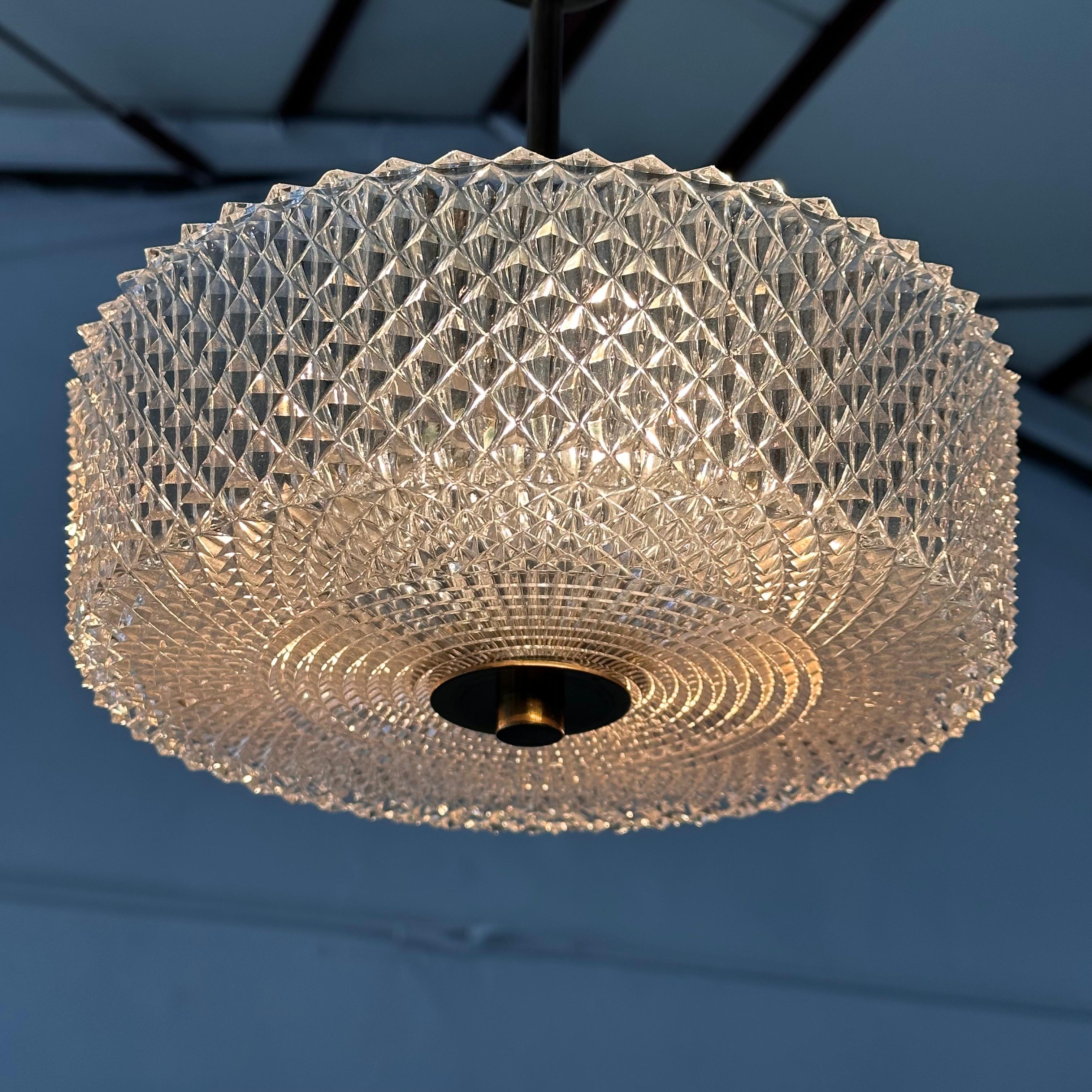 Swedish Vintage Orrefors Brass and Crystal Ceiling Lamp by Carl Fagerlund, Sweden, 1960s