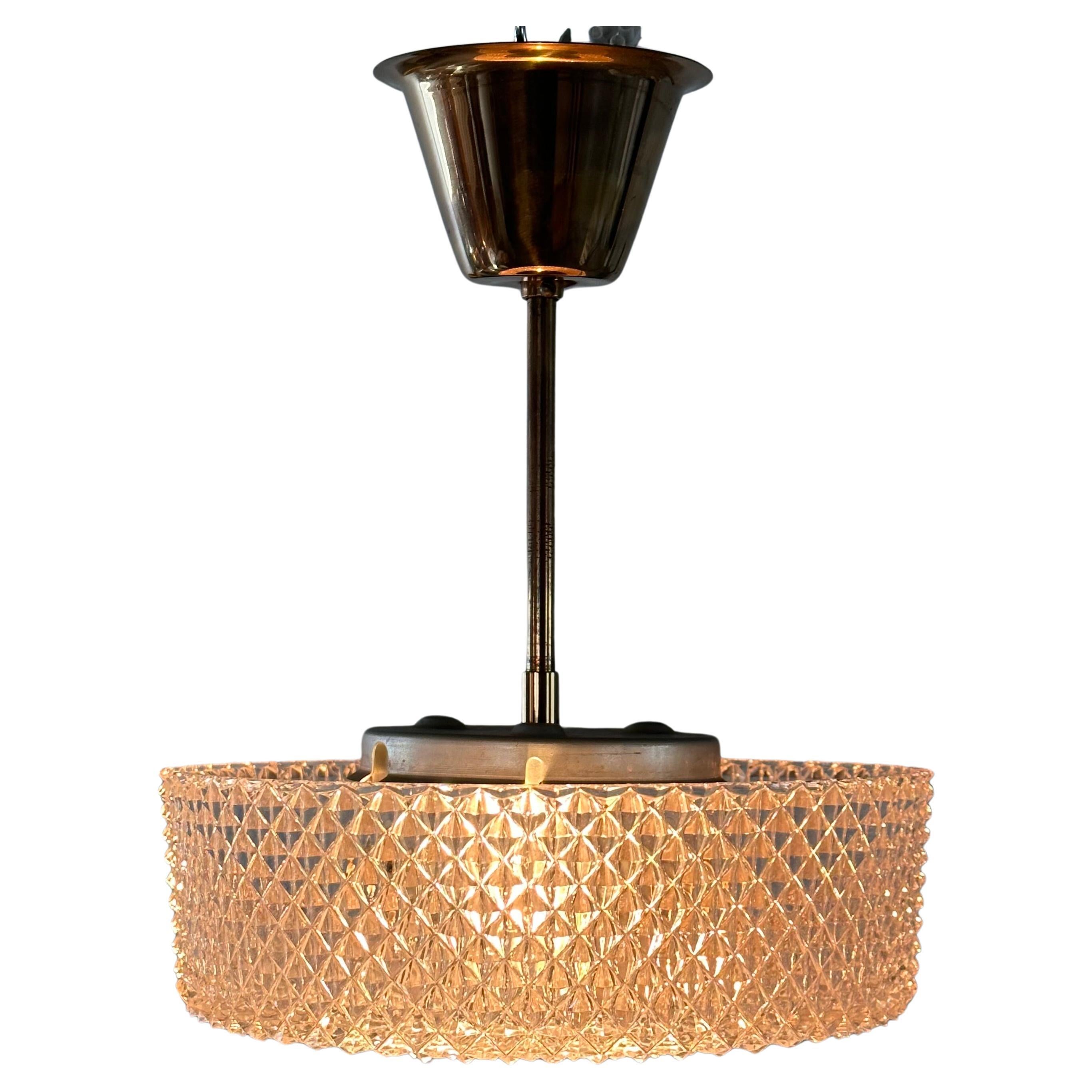 Vintage Orrefors Brass and Crystal Ceiling Lamp by Carl Fagerlund, Sweden, 1960s