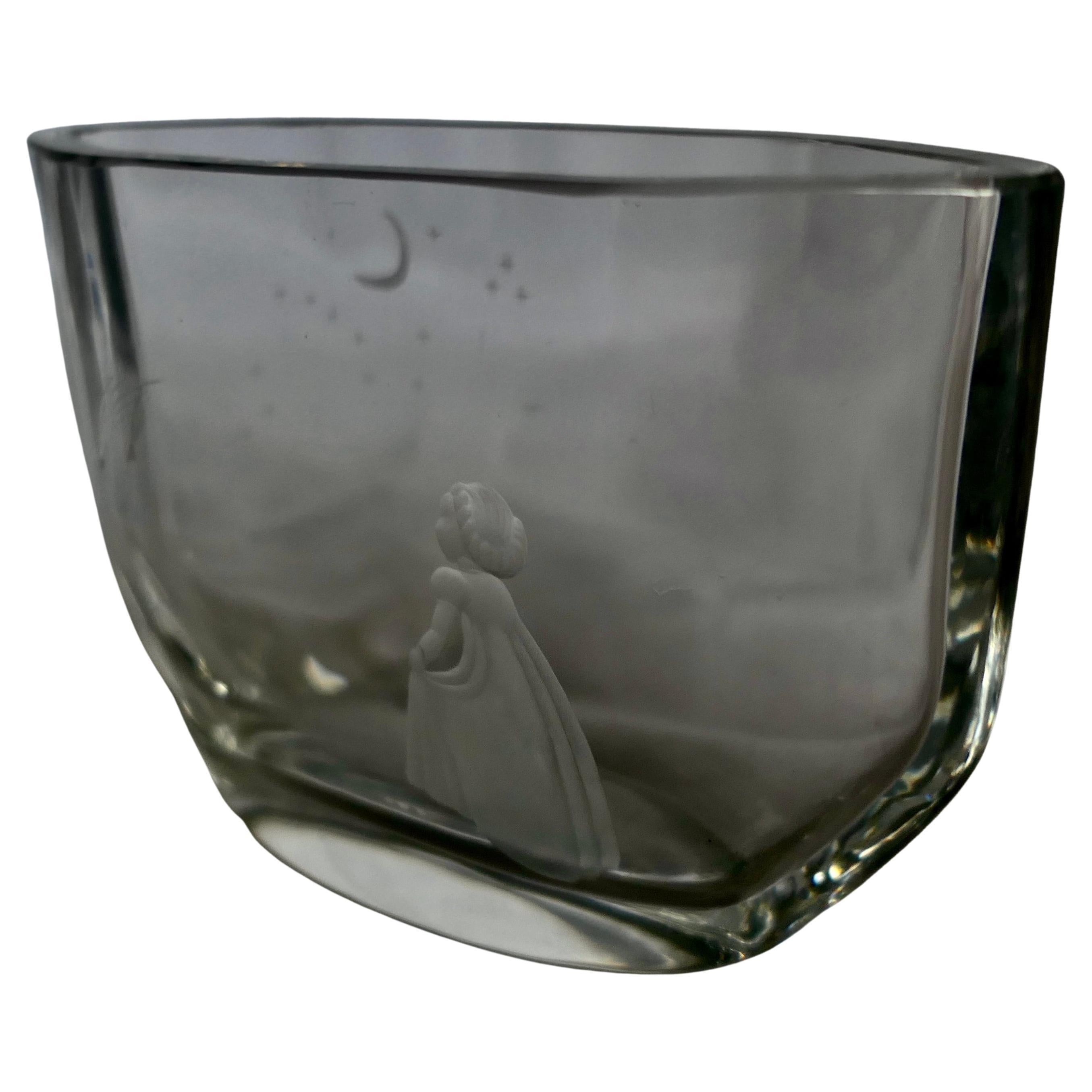 Vintage Orrefors Sweden Crystal Girl Wishing on the Moon Hand Etched Vase Signed