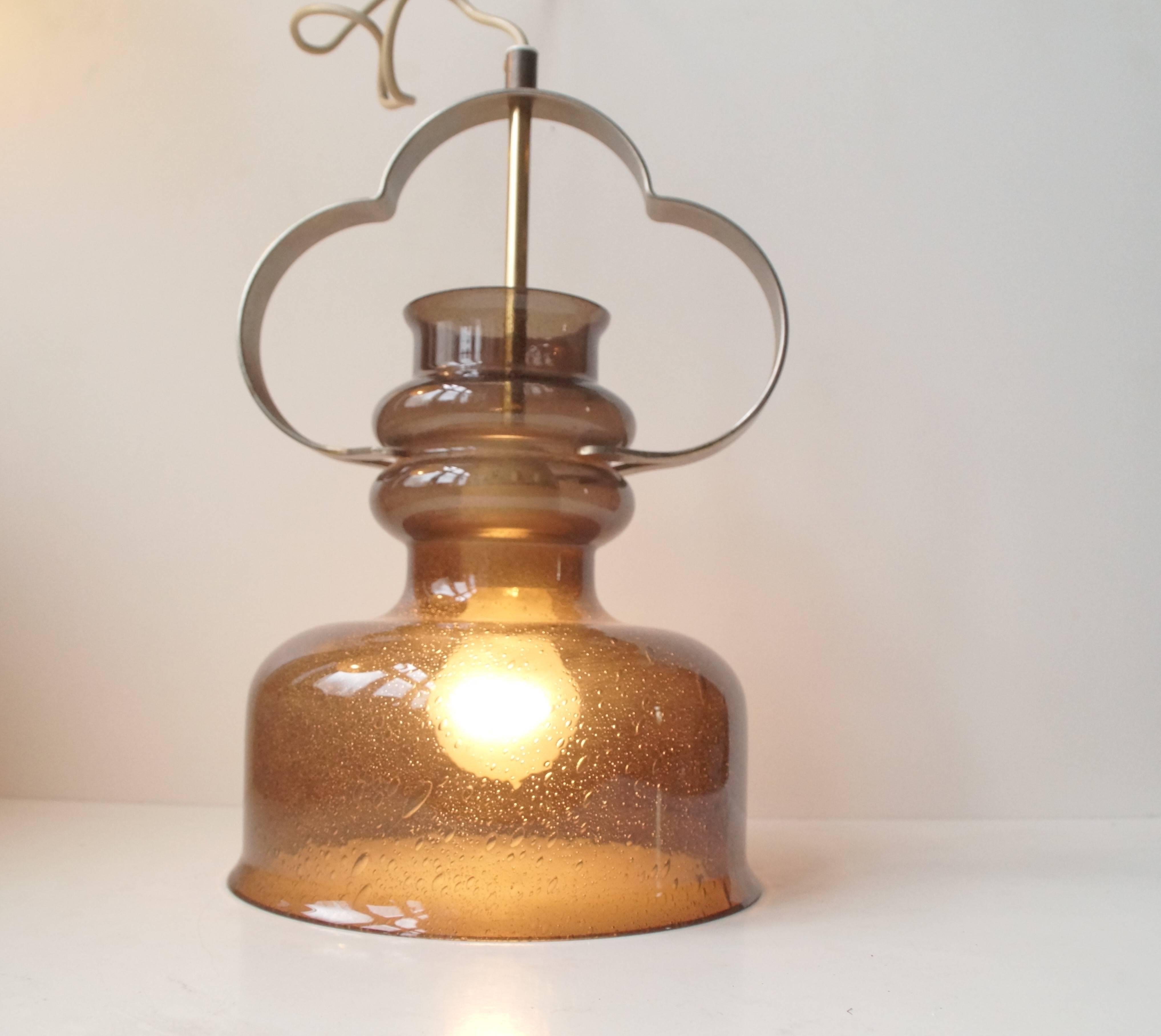 Swedish Vintage Orrefors 'Three Clover' Pendant Lamp in Smoke Glass, 1960s, Sweden