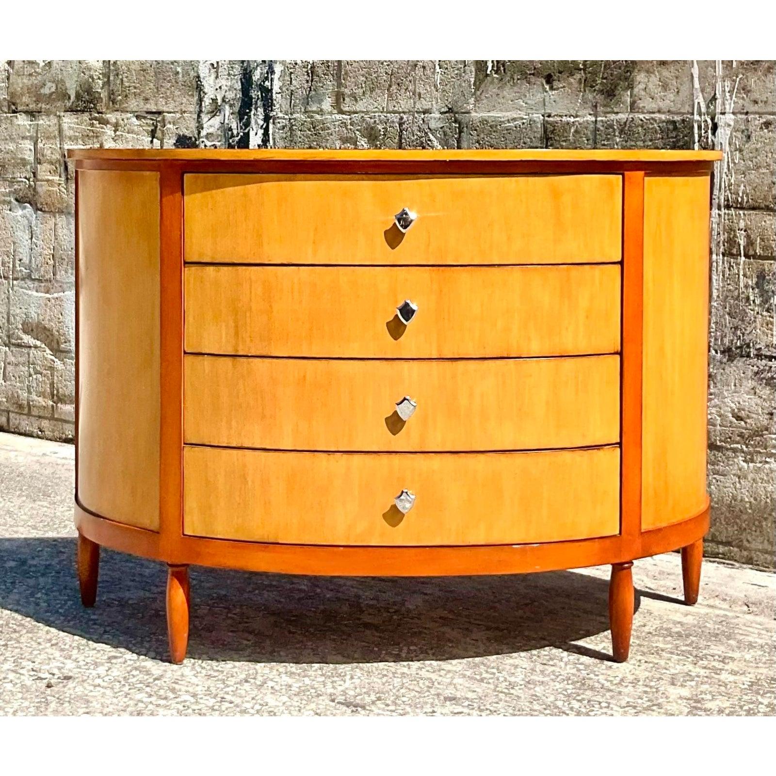 Fantastic vintage Orsay Demilune chest of drawers. Beautiful two tone Maple and Mahogany cabinet with polished nickel hardware. Gorgeous as a chest of as an entry hall cabinet. You decide! Acquired from a Palm Beach estate.