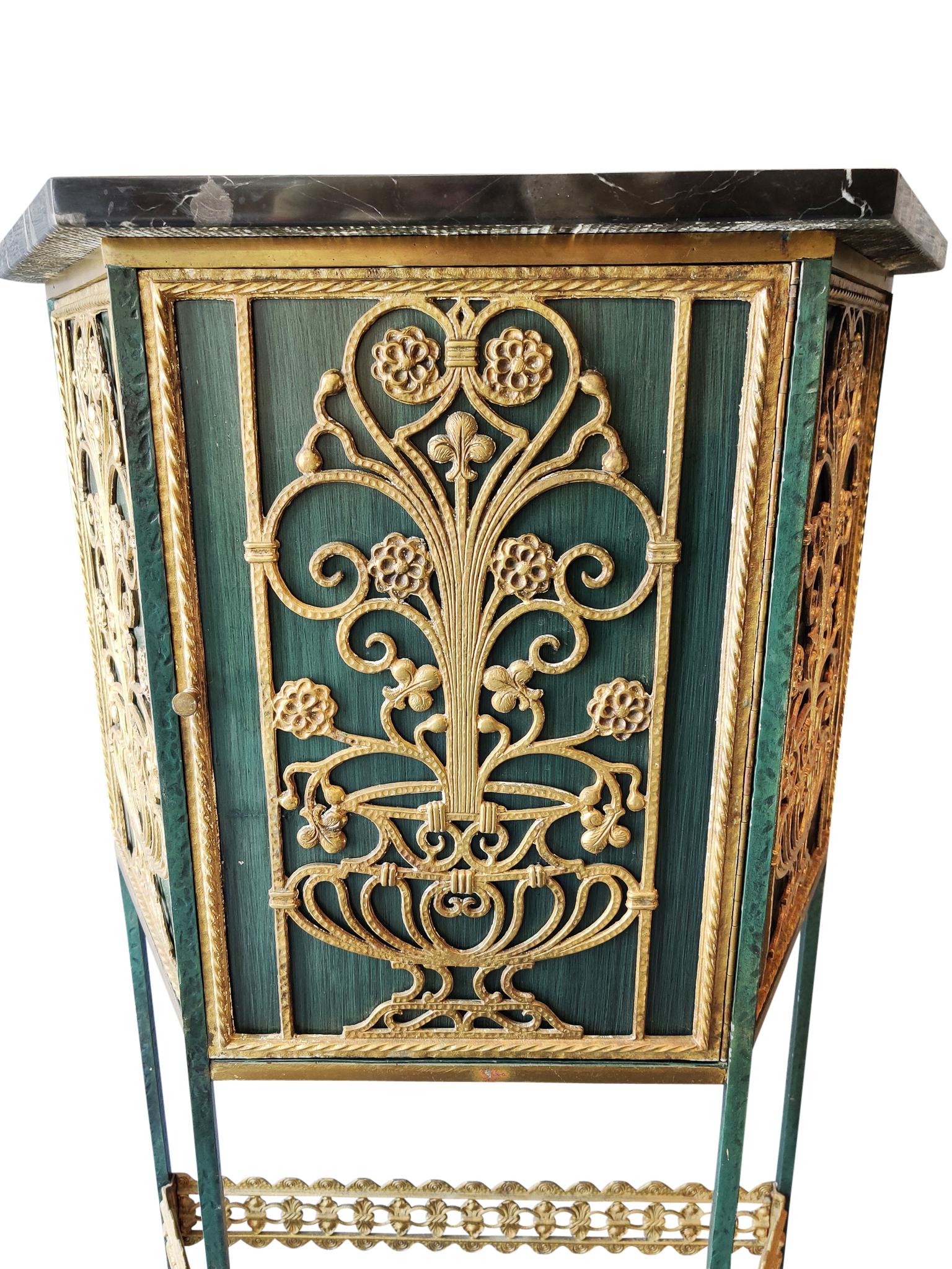 Gothic Revival Vintage Oscar Bach Attr Telephone Table or Bar Cabinet, Bronze Steel Iron Marble For Sale