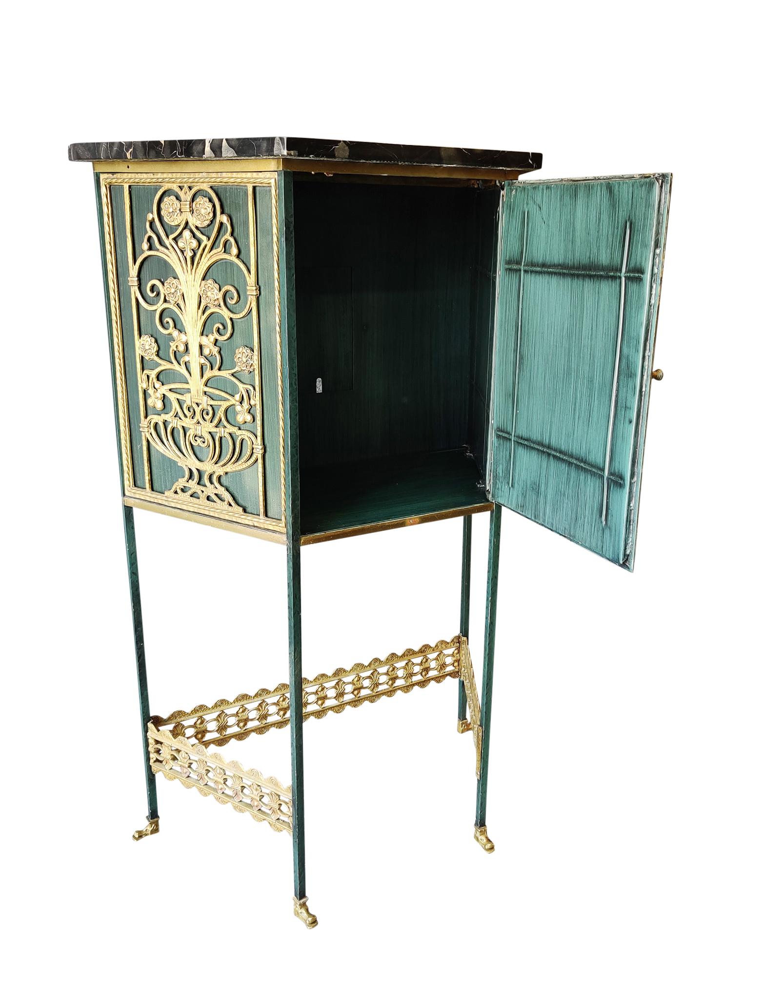 American Vintage Oscar Bach Attr Telephone Table or Bar Cabinet, Bronze Steel Iron Marble For Sale