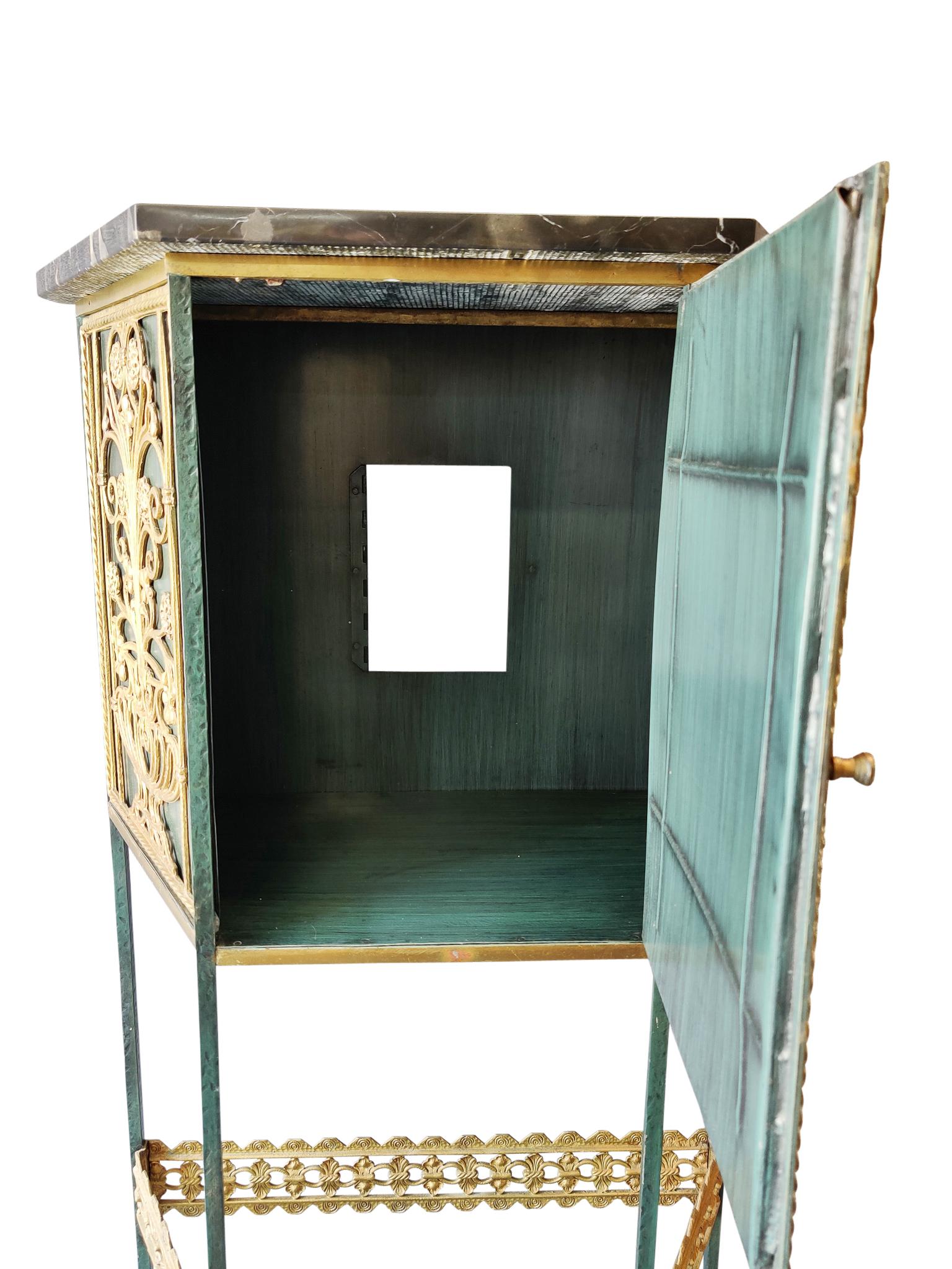 Enameled Vintage Oscar Bach Attr Telephone Table or Bar Cabinet, Bronze Steel Iron Marble For Sale