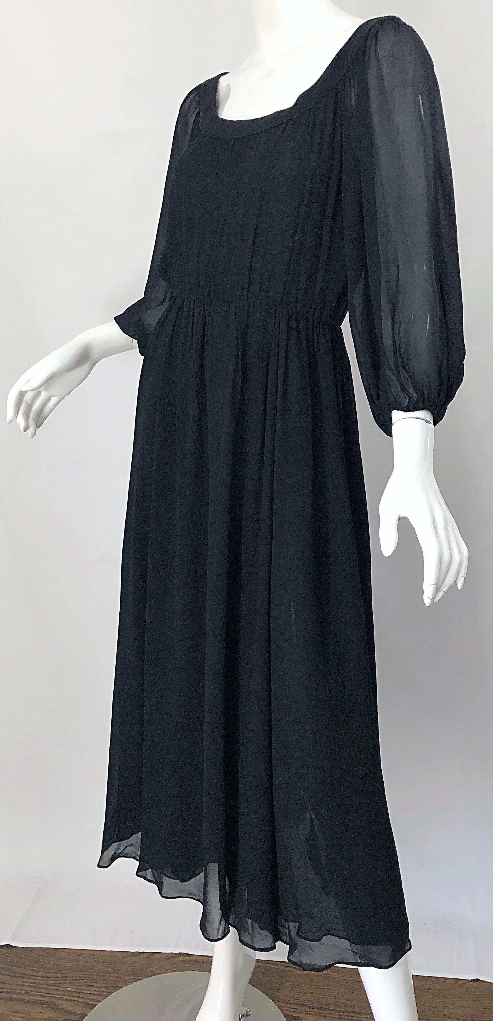 Vintage Oscar de la Renta 1970s Black Silk Chiffon Crepe Boho 70s Midi Dress For Sale 5