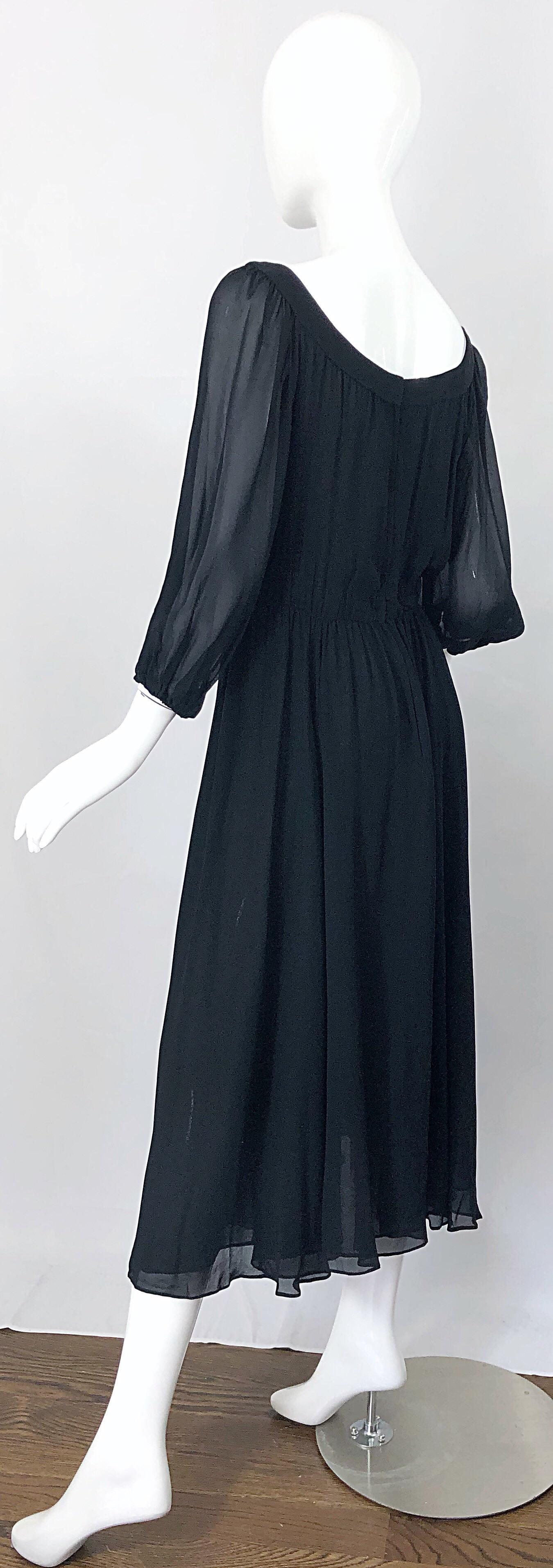 Vintage Oscar de la Renta 1970s Black Silk Chiffon Crepe Boho 70s Midi Dress For Sale 6