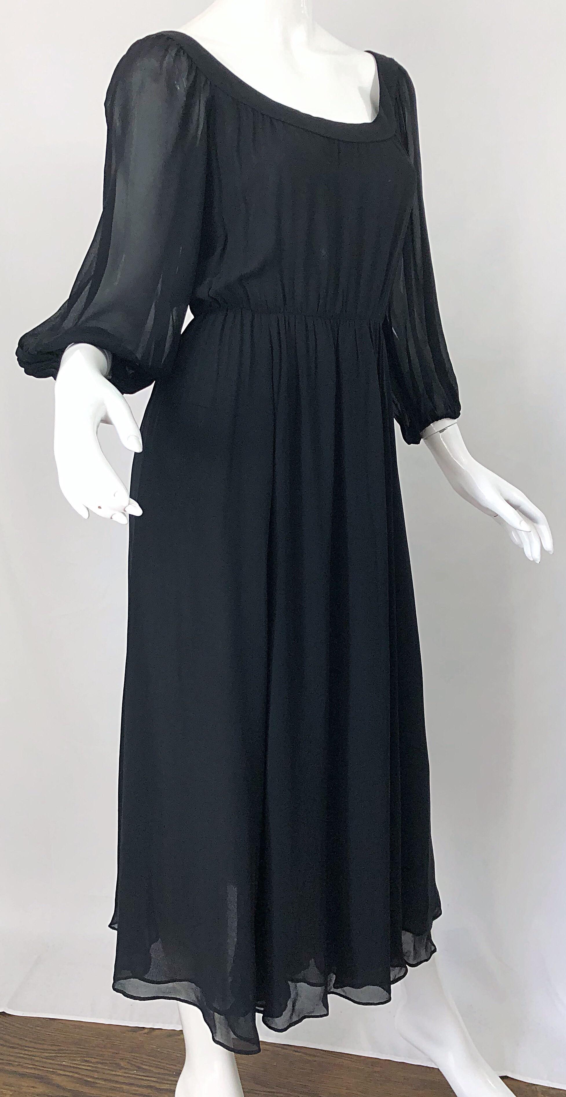Vintage Oscar de la Renta 1970s Black Silk Chiffon Crepe Boho 70s Midi Dress For Sale 7