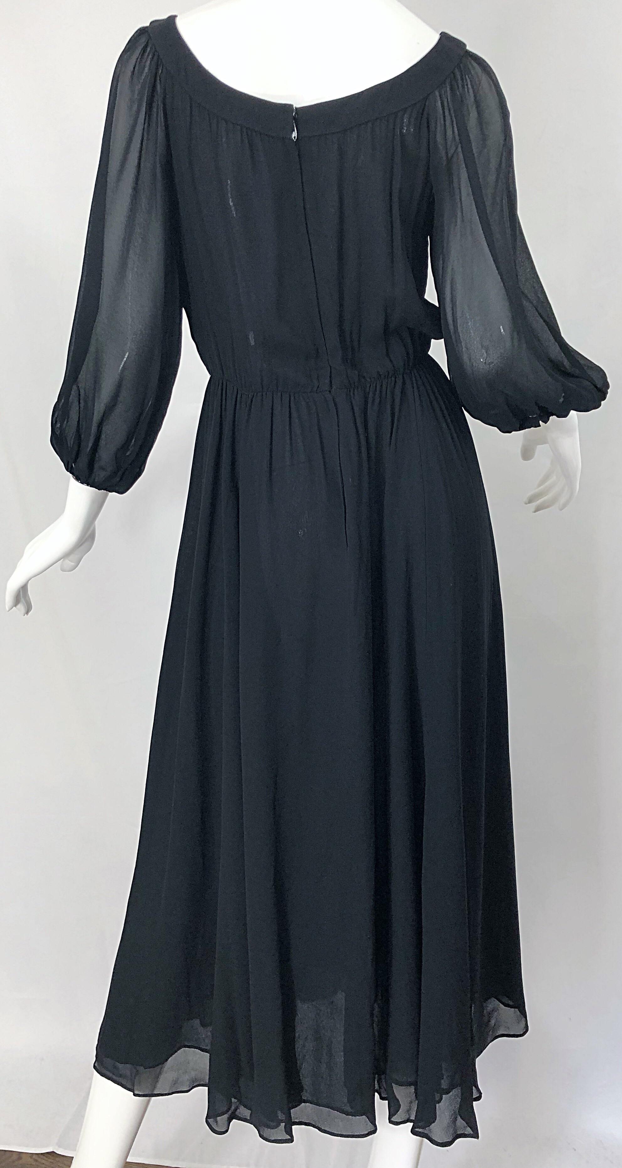 Vintage Oscar de la Renta 1970s Black Silk Chiffon Crepe Boho 70s Midi Dress For Sale 8