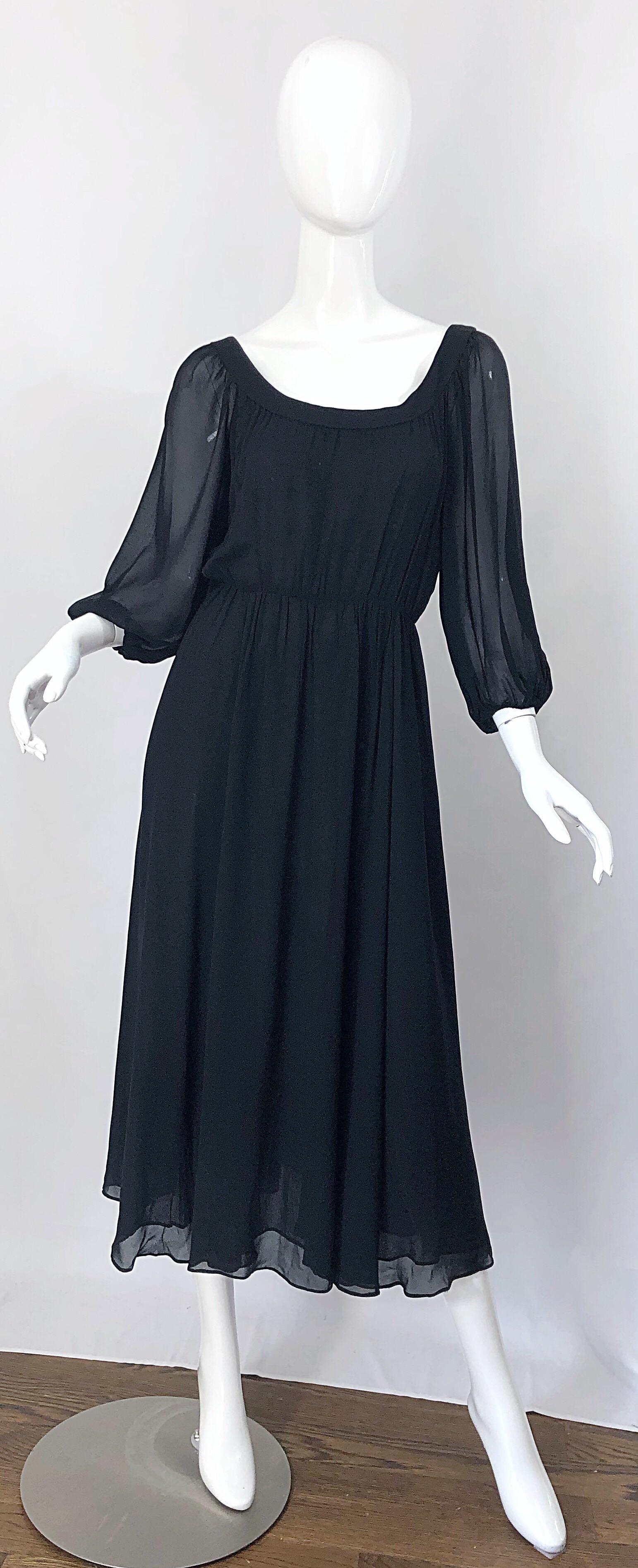 Vintage Oscar de la Renta 1970s Black Silk Chiffon Crepe Boho 70s Midi Dress For Sale 9