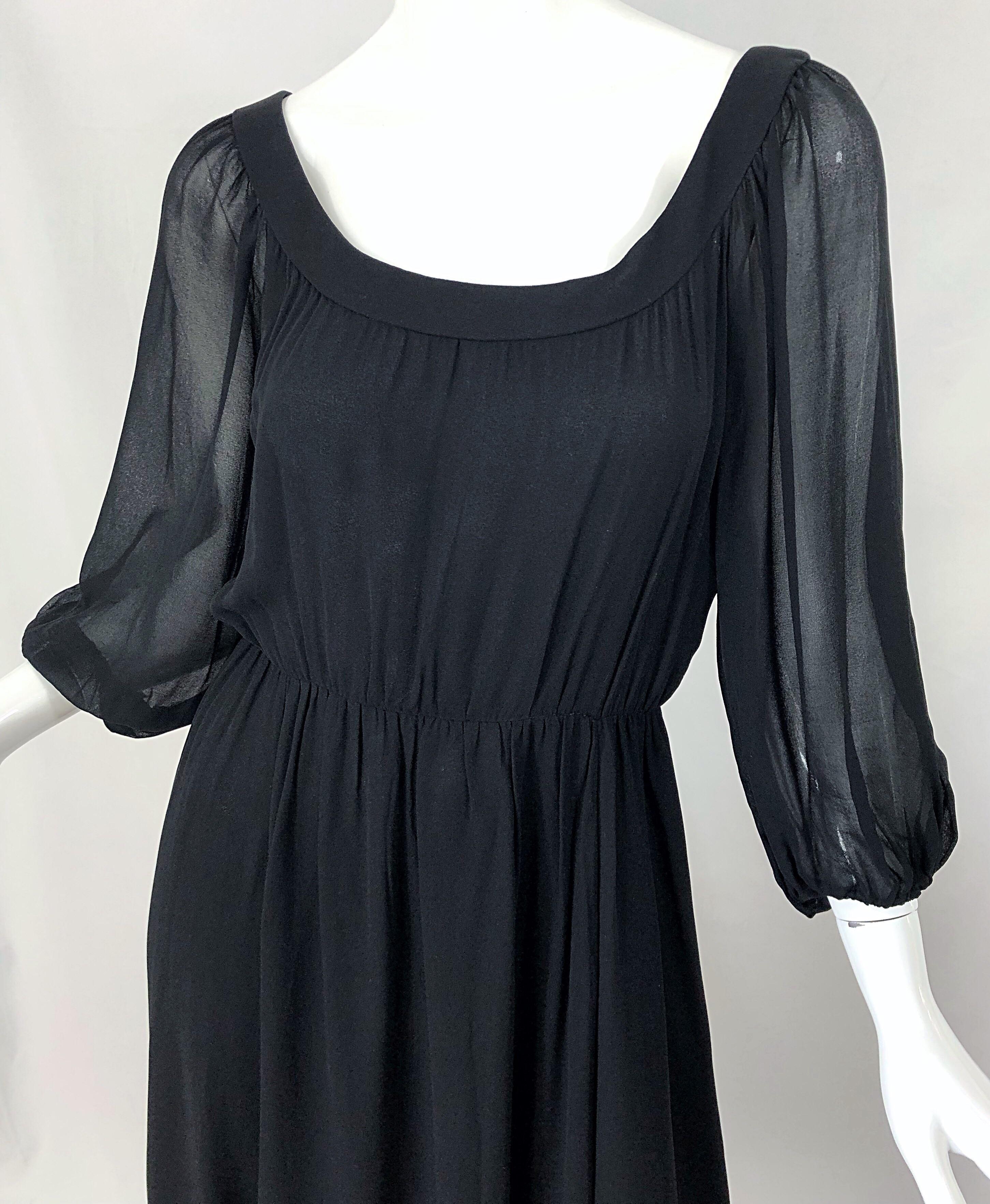 Vintage Oscar de la Renta 1970s Black Silk Chiffon Crepe Boho 70s Midi Dress In Excellent Condition For Sale In San Diego, CA
