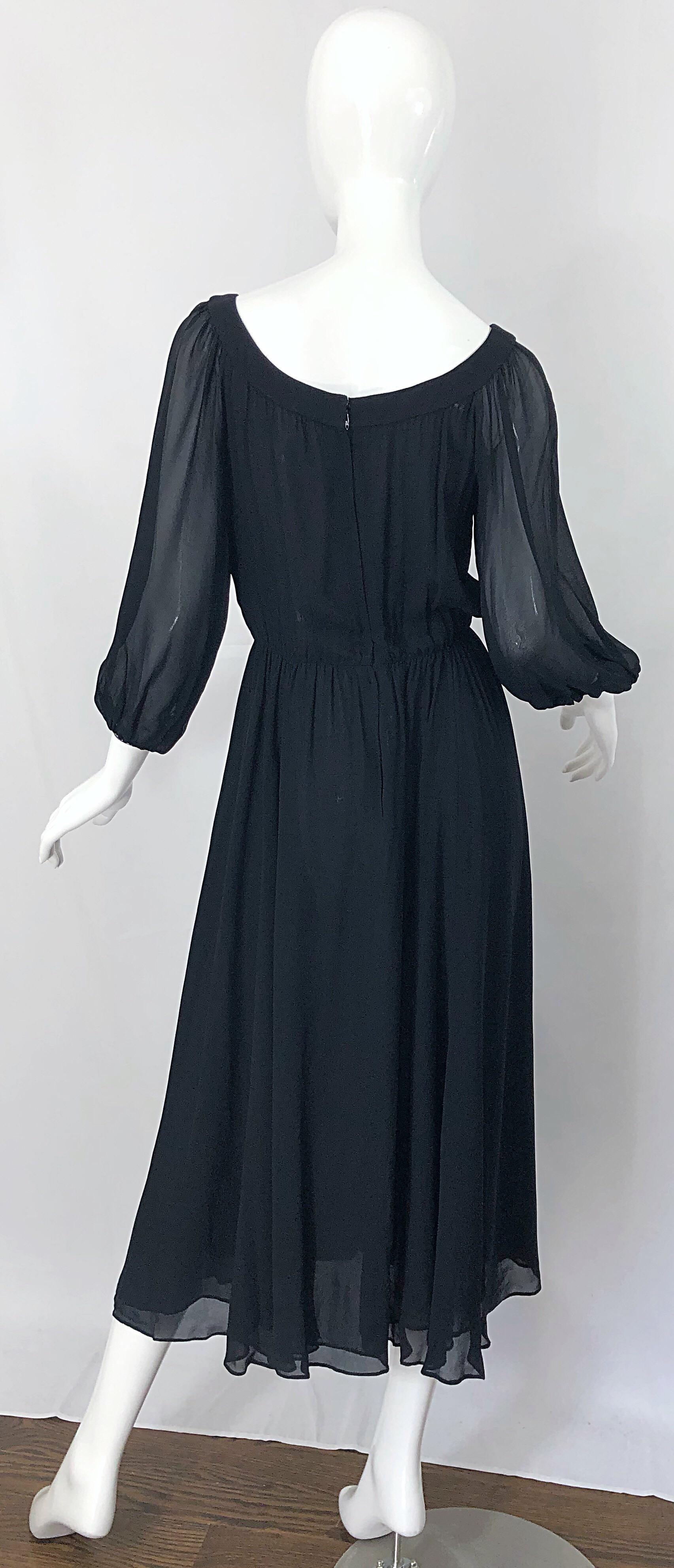 Women's Vintage Oscar de la Renta 1970s Black Silk Chiffon Crepe Boho 70s Midi Dress For Sale