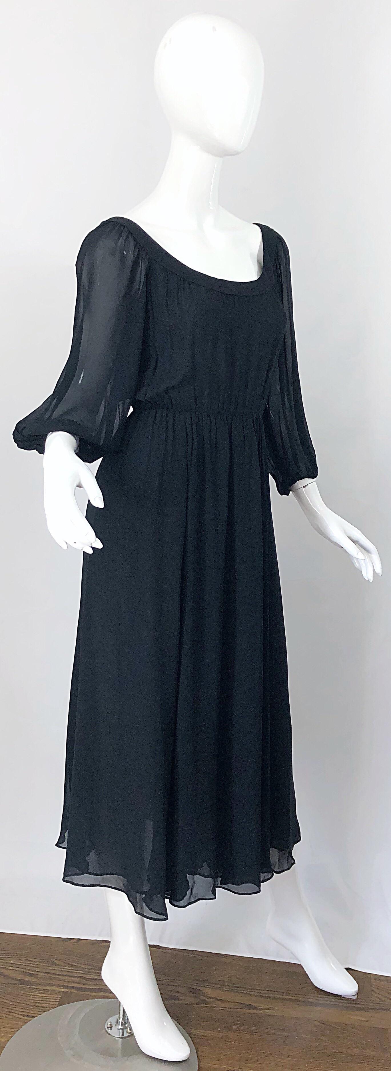 Vintage Oscar de la Renta 1970s Black Silk Chiffon Crepe Boho 70s Midi Dress For Sale 1