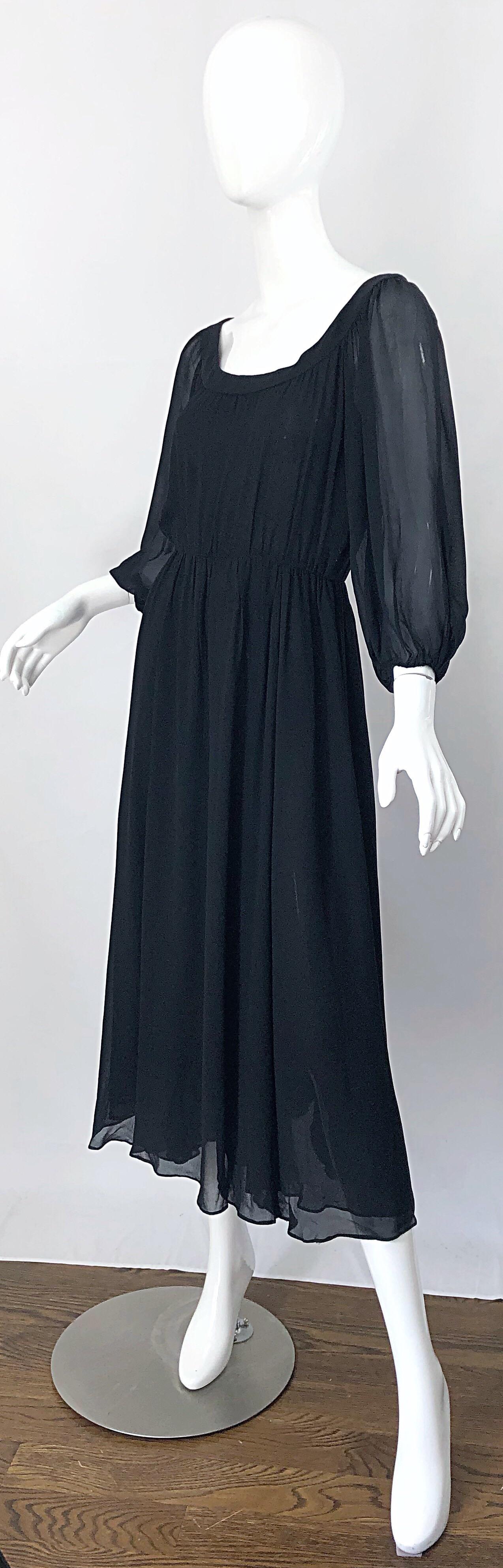 Vintage Oscar de la Renta 1970s Black Silk Chiffon Crepe Boho 70s Midi Dress For Sale 2