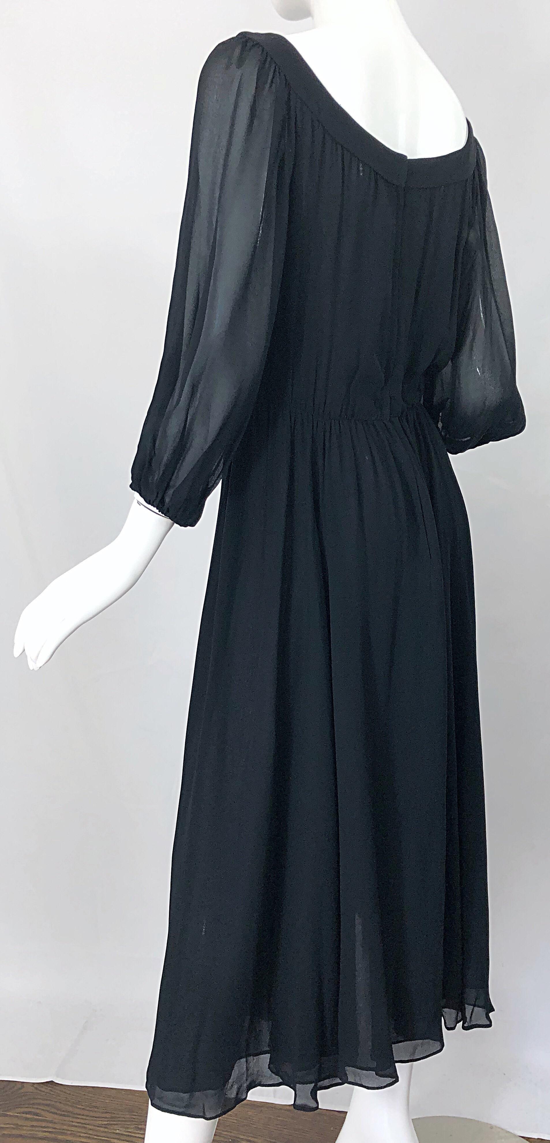 Vintage Oscar de la Renta 1970s Black Silk Chiffon Crepe Boho 70s Midi Dress For Sale 3