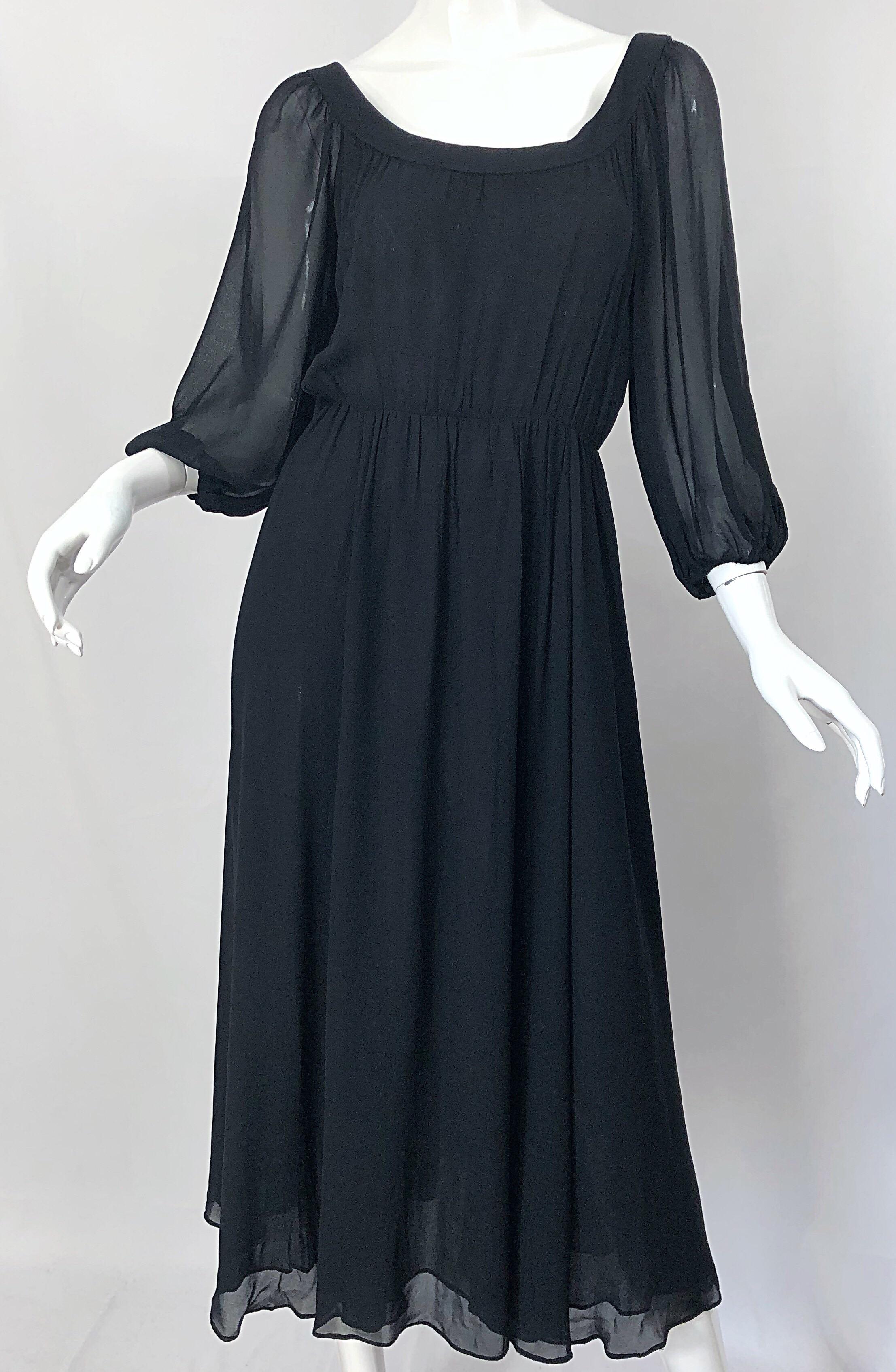 Vintage Oscar de la Renta 1970s Black Silk Chiffon Crepe Boho 70s Midi Dress For Sale 4