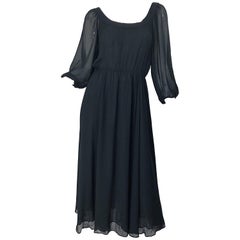 Vintage Oscar De La Renta 1970s Nero Seta Chiffon Crepe Boho 70s Midi Dress