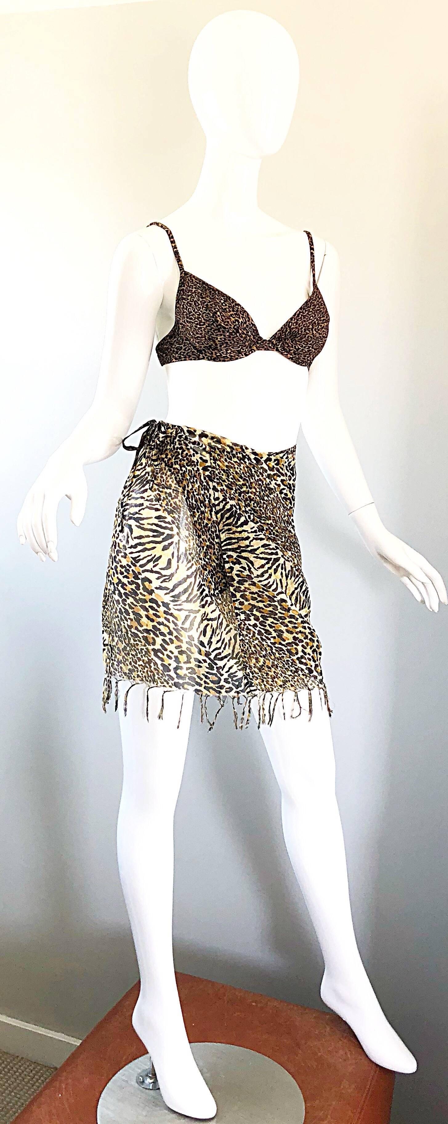 Vintage Oscar de la Renta 1980s Three Piece Leopard Print 80s Bikini and Wrap For Sale 4