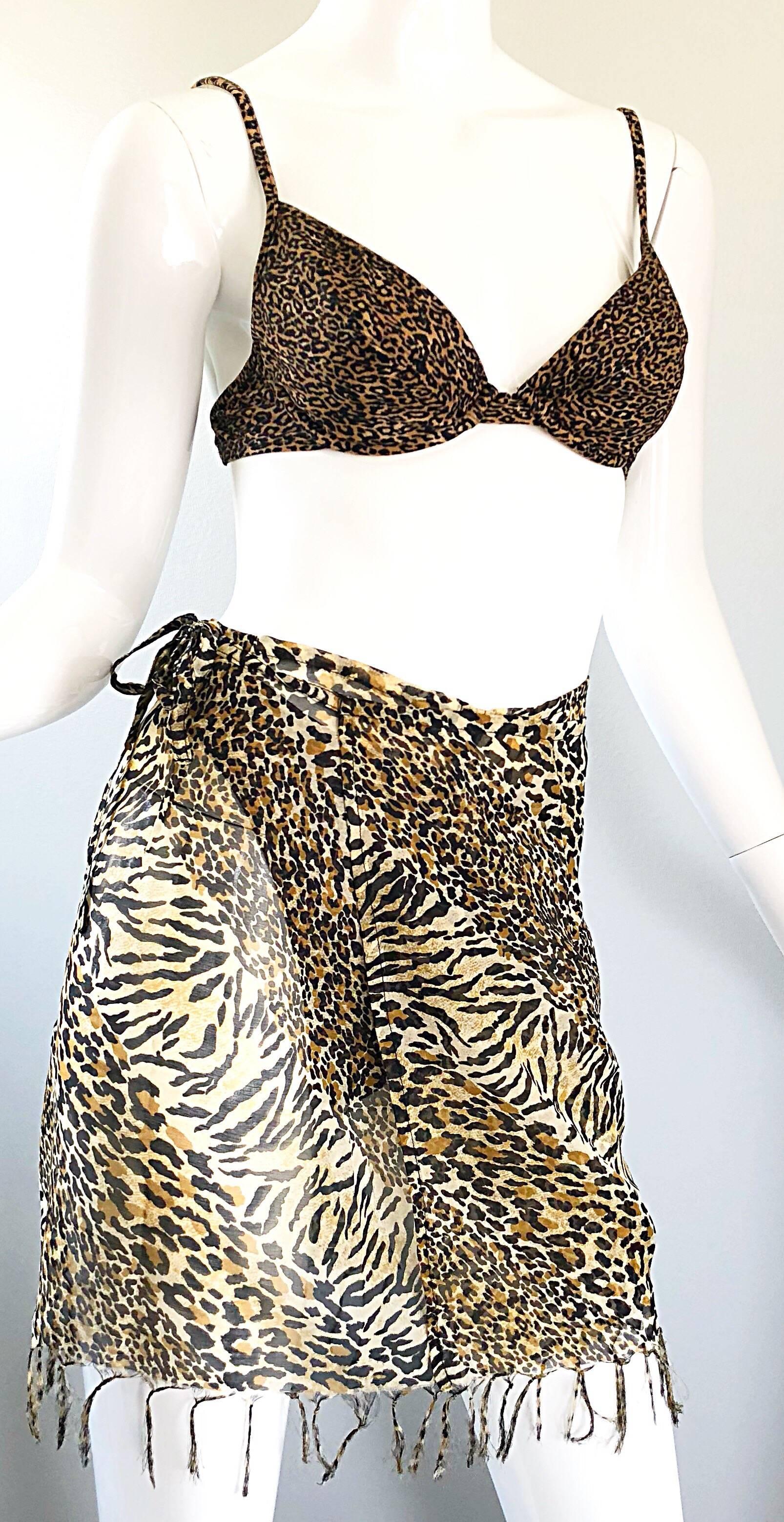 Vintage Oscar de la Renta 1980s Three Piece Leopard Print 80s Bikini and Wrap For Sale 6