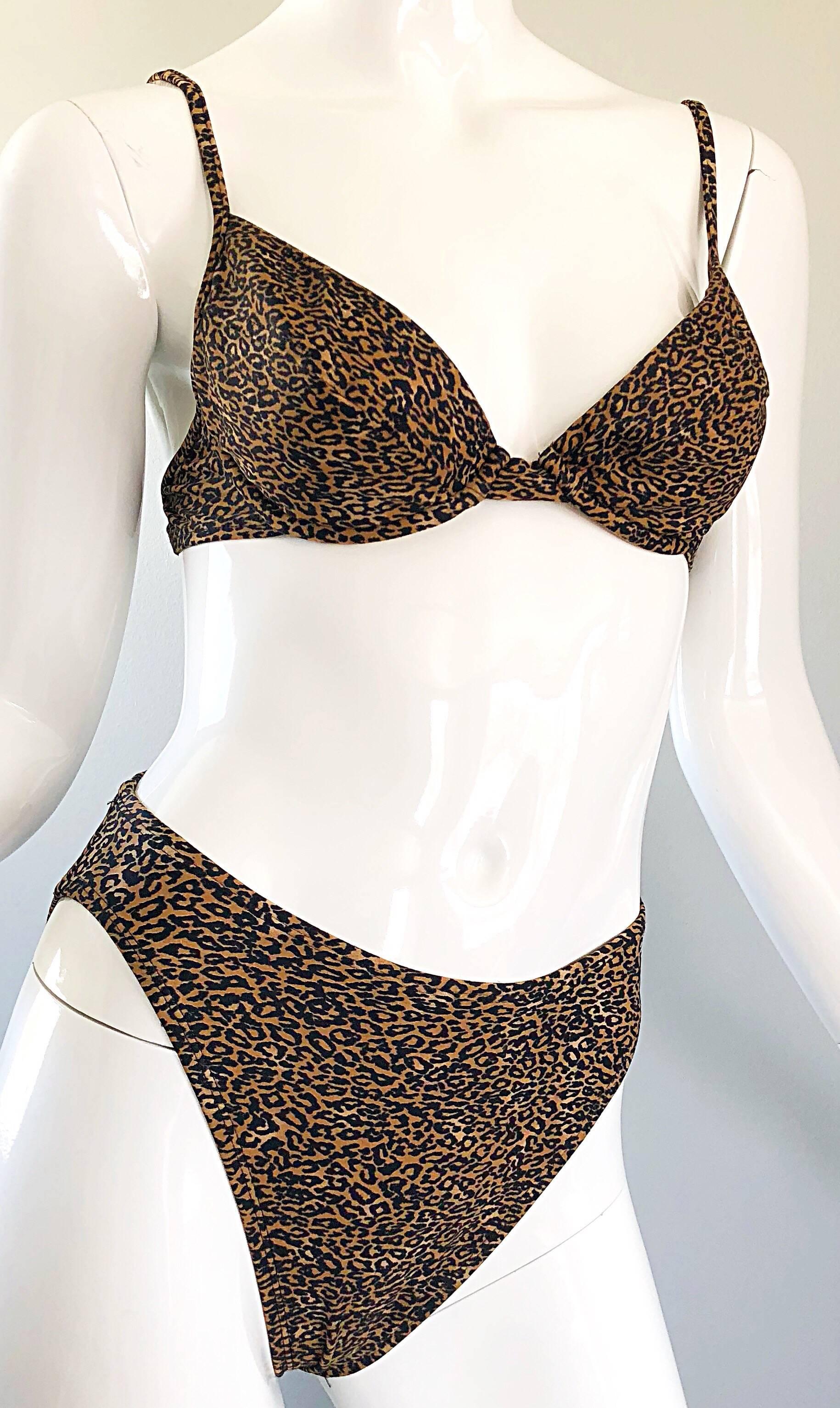 Vintage Oscar de la Renta 1980s Three Piece Leopard Print 80s Bikini and Wrap For Sale 7