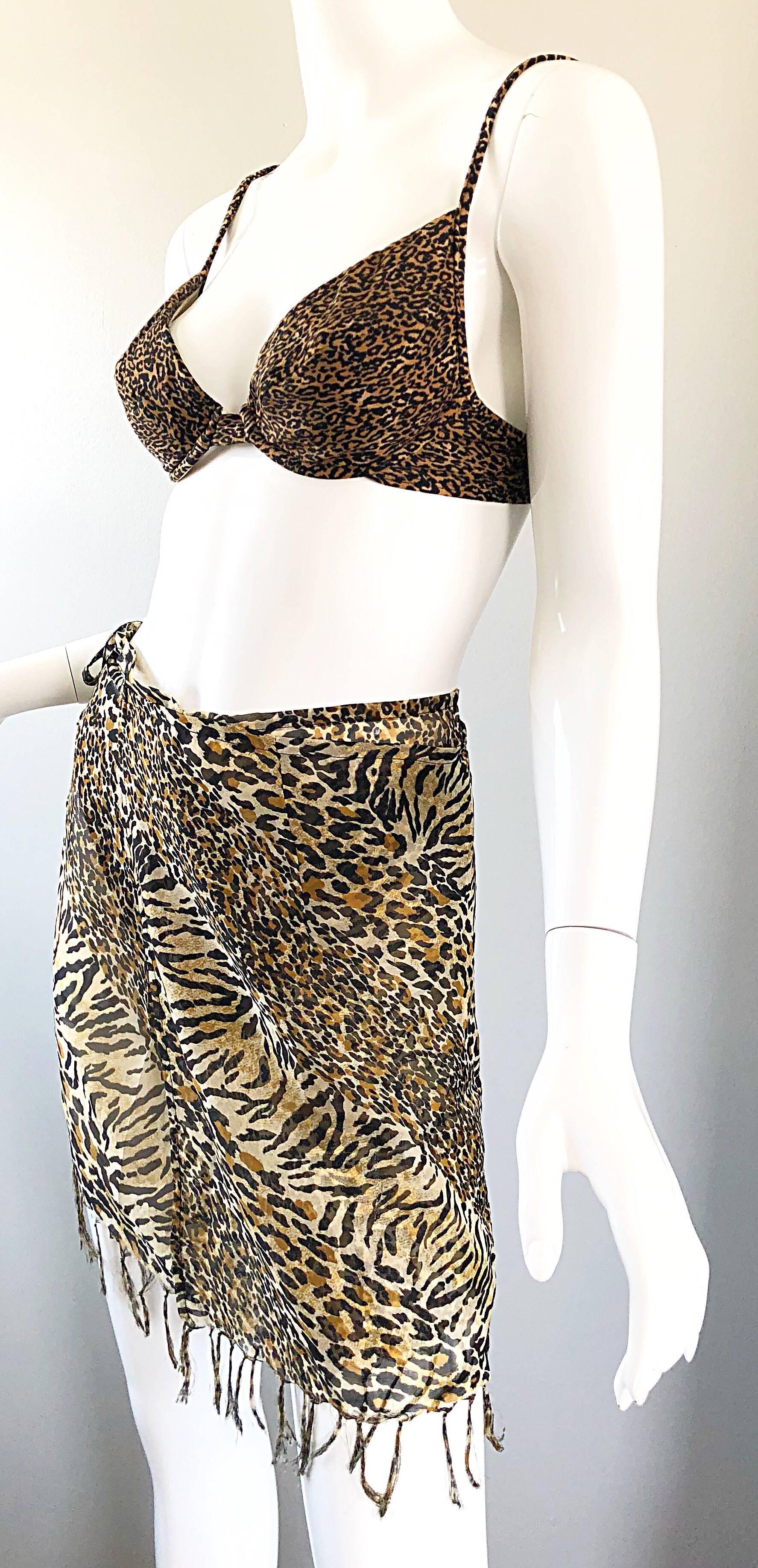 Vintage Oscar de la Renta 1980s Three Piece Leopard Print 80s Bikini and Wrap For Sale 9