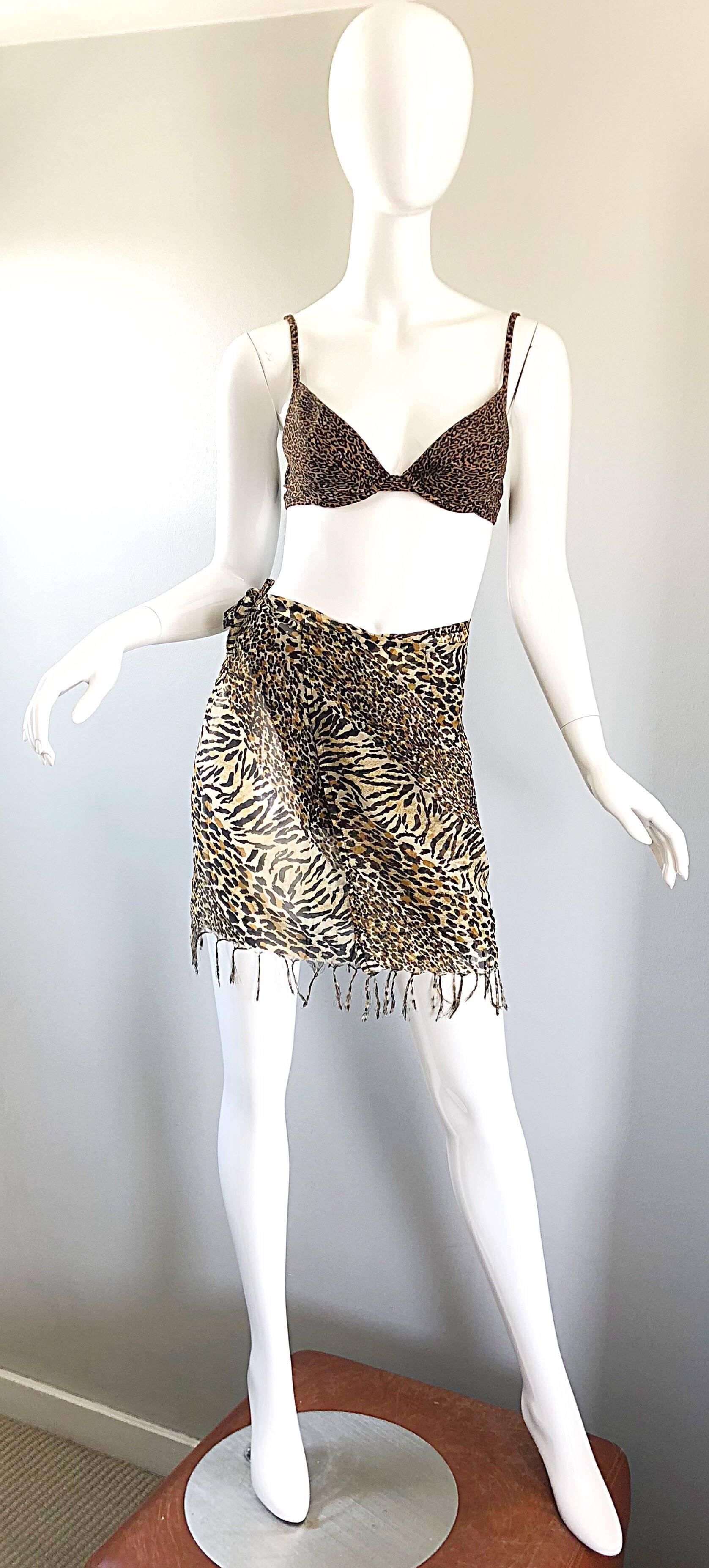 Vintage Oscar de la Renta 1980s Three Piece Leopard Print 80s Bikini and Wrap For Sale 11