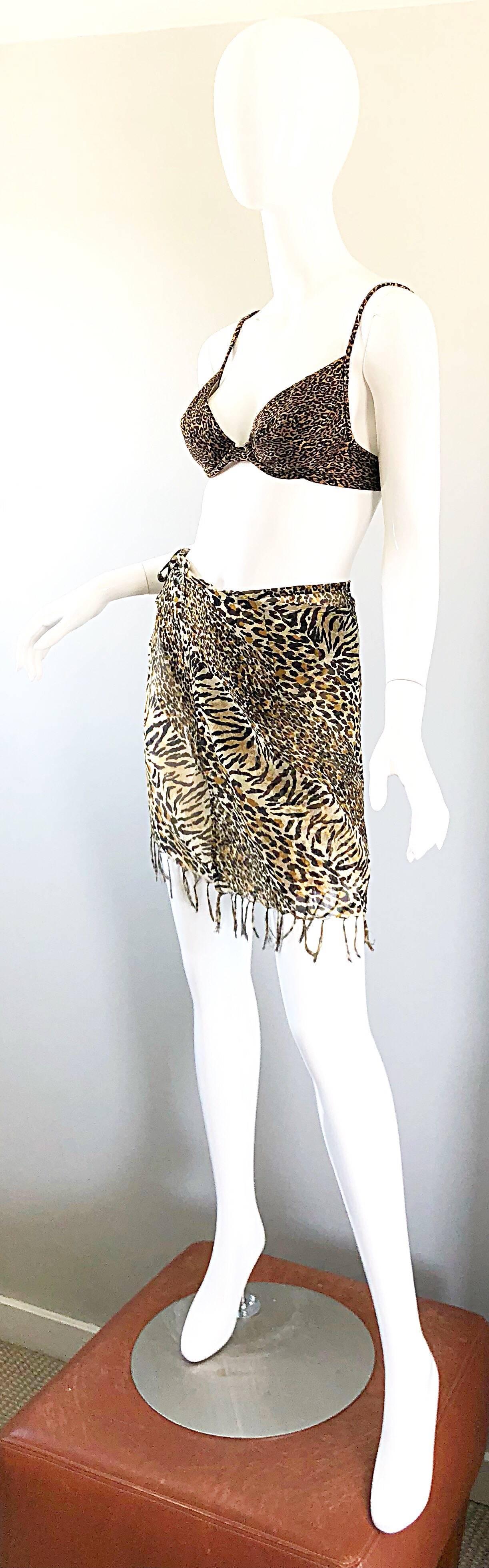 Vintage Oscar de la Renta 1980s Three Piece Leopard Print 80s Bikini and Wrap In Excellent Condition For Sale In San Diego, CA