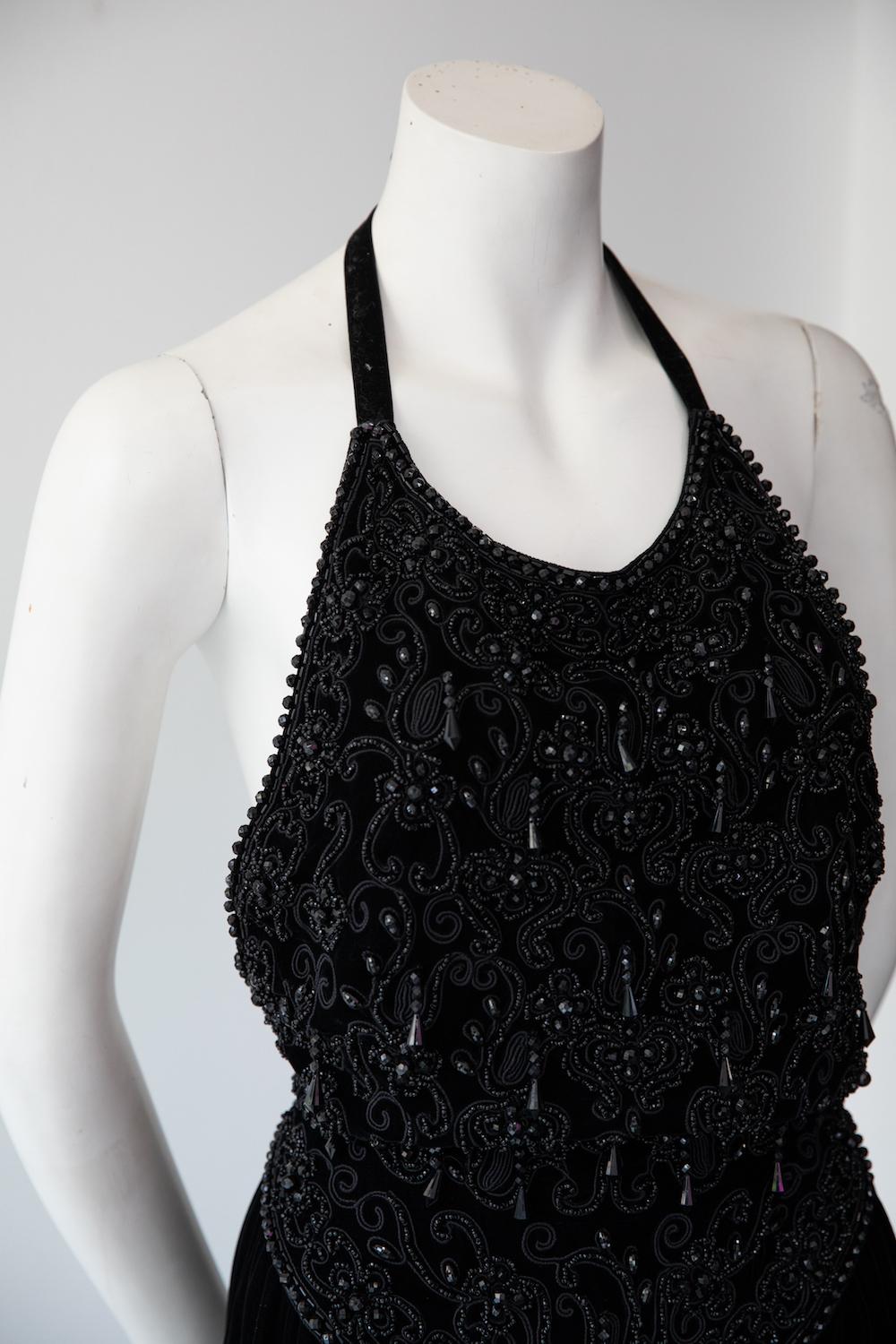 Black Vintage Oscar De La Renta Beaded Velvet Gown