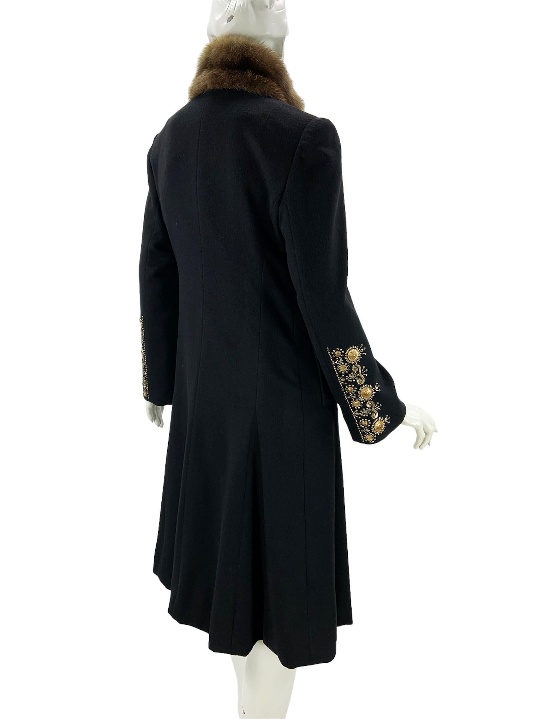Women's Vintage Oscar de la Renta Black Italian Cashmere Sable Hand Embellished Coat M For Sale