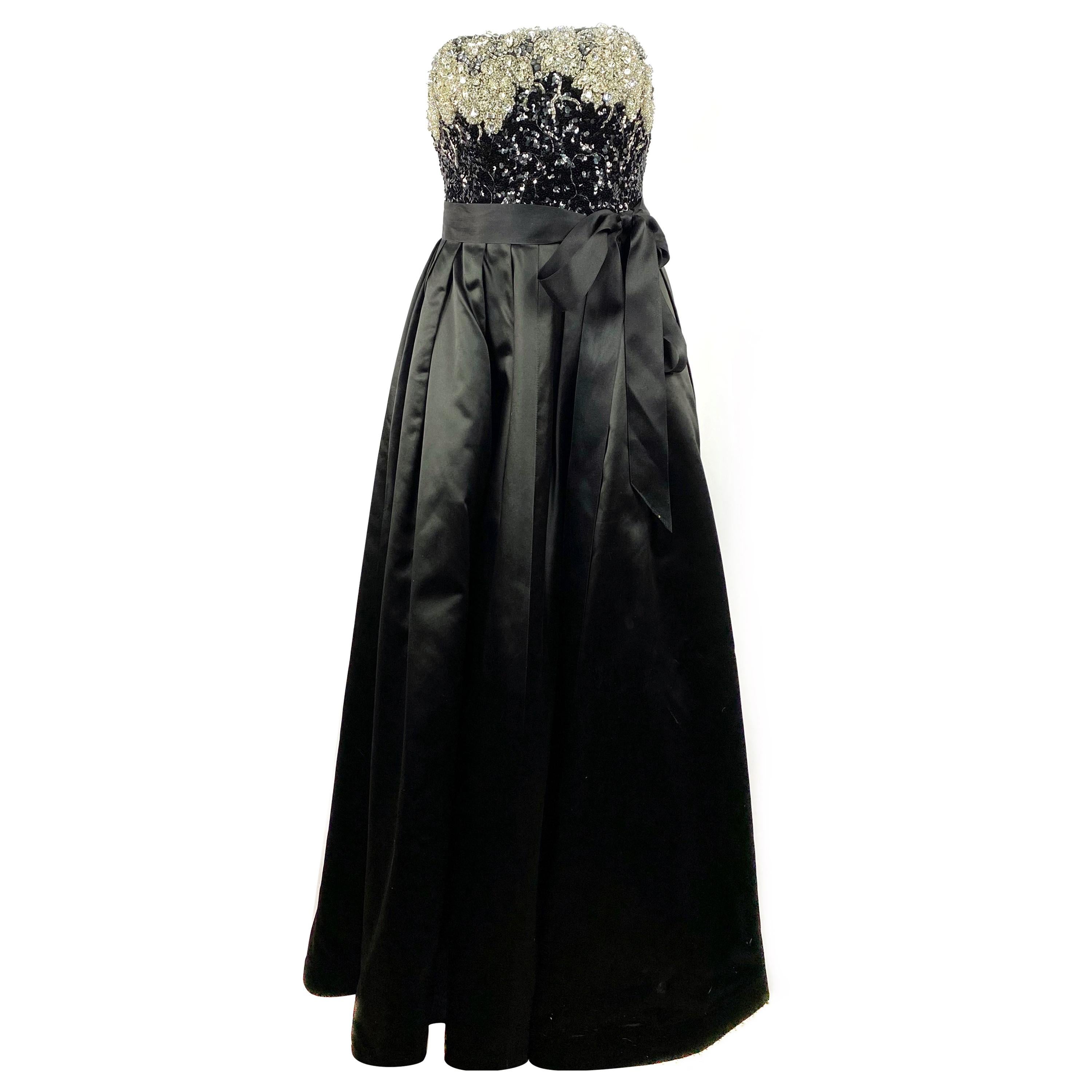 Vintage OSCAR DE LA RENTA Black Silk and Swarovski Maxi Evening Dress Gown 