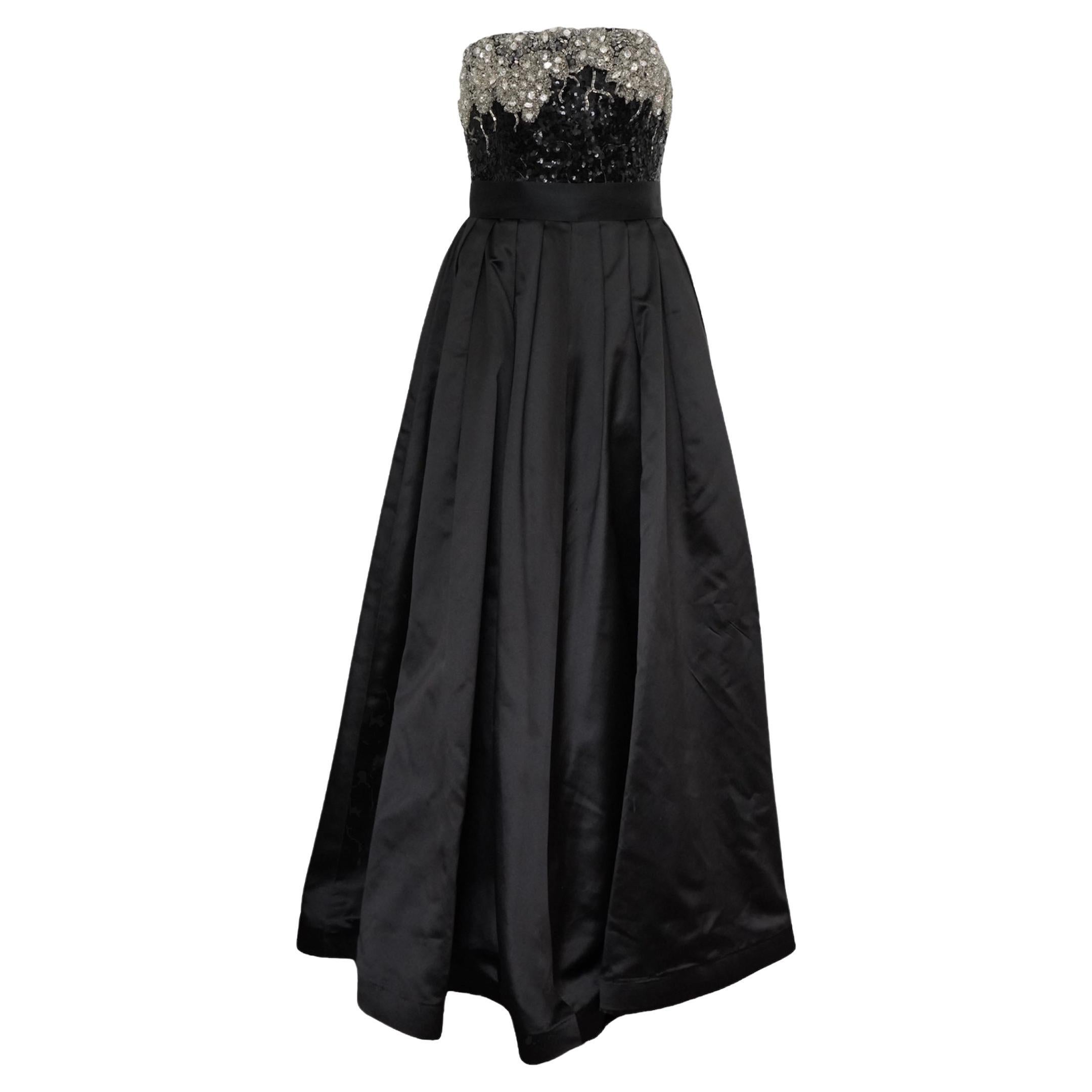 Vintage OSCAR DE LA RENTA Black Silk & Swarovski Maxi Evening Dress Gown Size 8 For Sale