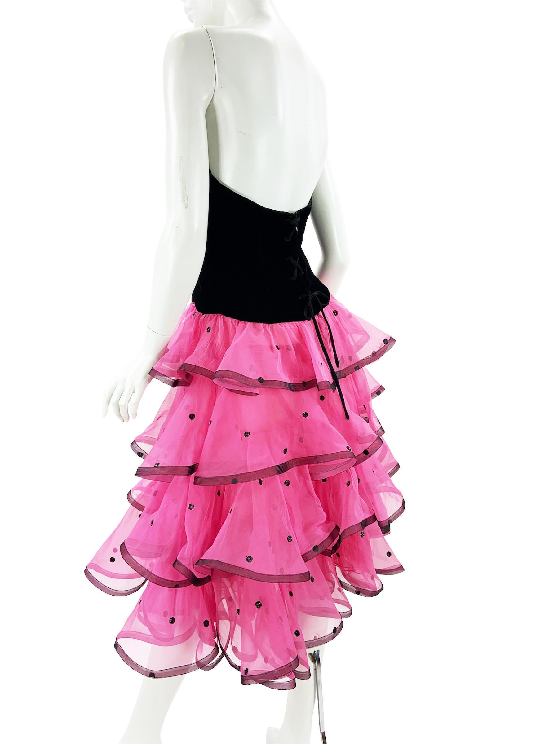 Women's Vintage Oscar de la Renta Black Velvet Pink Ruffle Corset Cocktail Dress US 8 For Sale