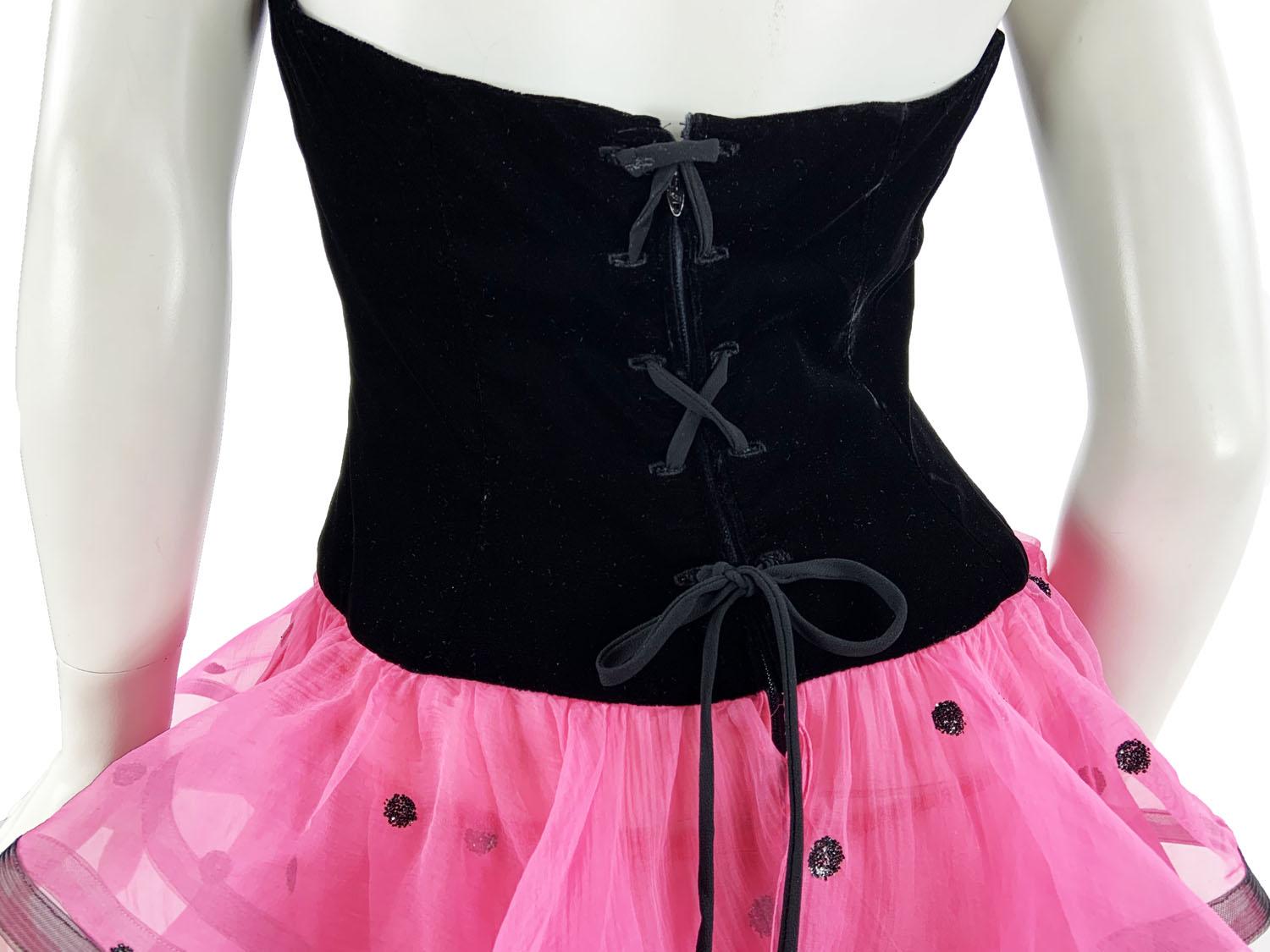 Vintage Oscar de la Renta Black Velvet Pink Ruffle Corset Cocktail Dress US 8 For Sale 3