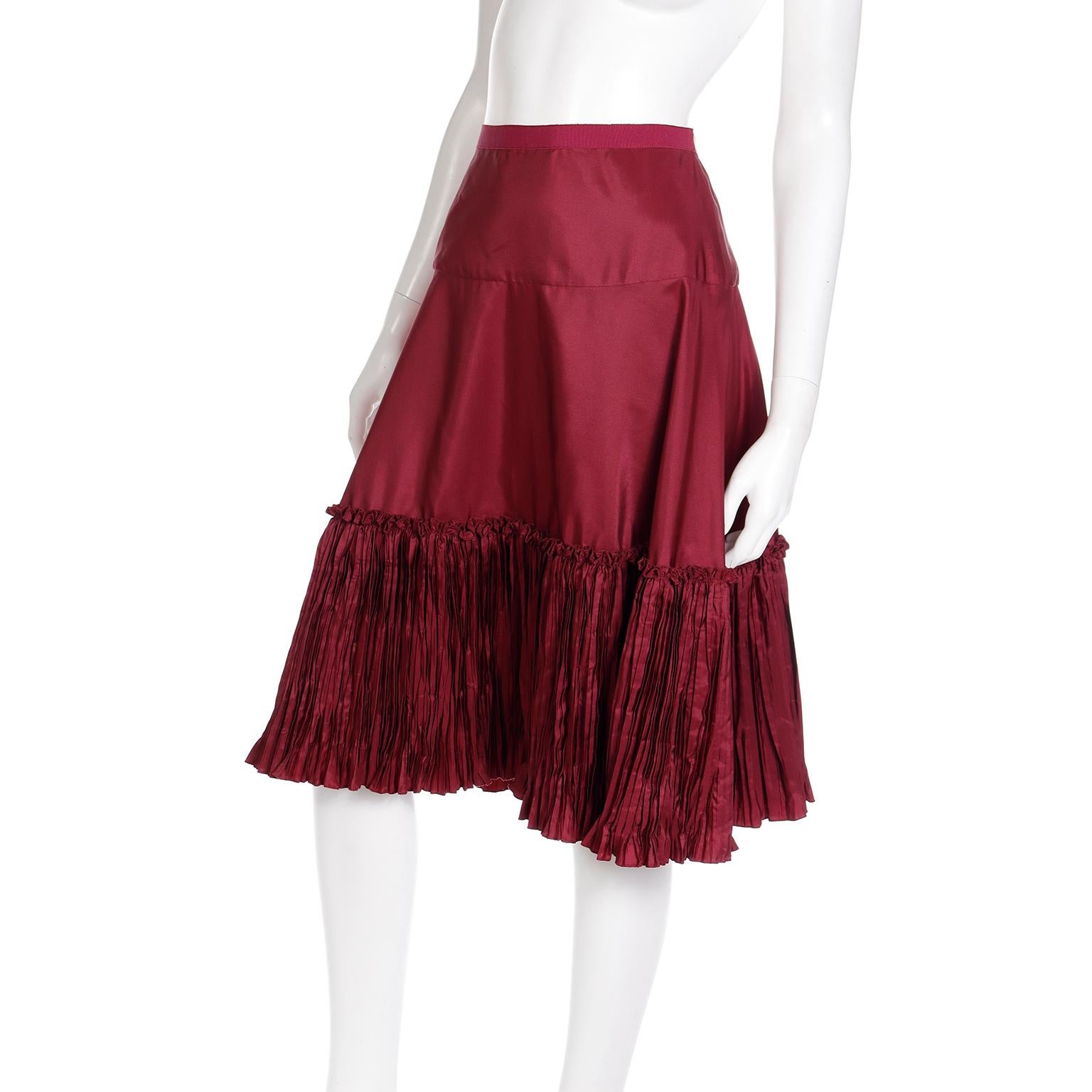 Vintage Oscar de la Renta Burgundy Evening Skirt W Pleated Ruffle In Excellent Condition For Sale In Portland, OR